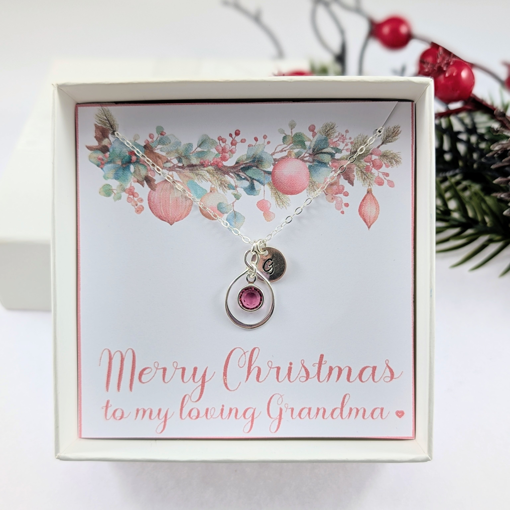 Grandma Christmas Necklace, Sterling Silver Initial and Birthstone