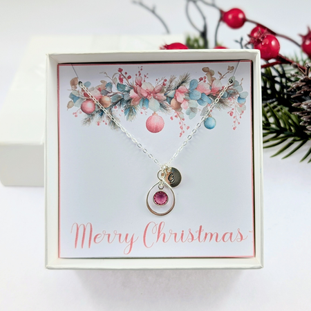 Christmas Sterling Silver Necklace, Personalized Initial Birthstone