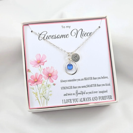 Niece Gift Sterling Silver Initial and Birthstone Necklace