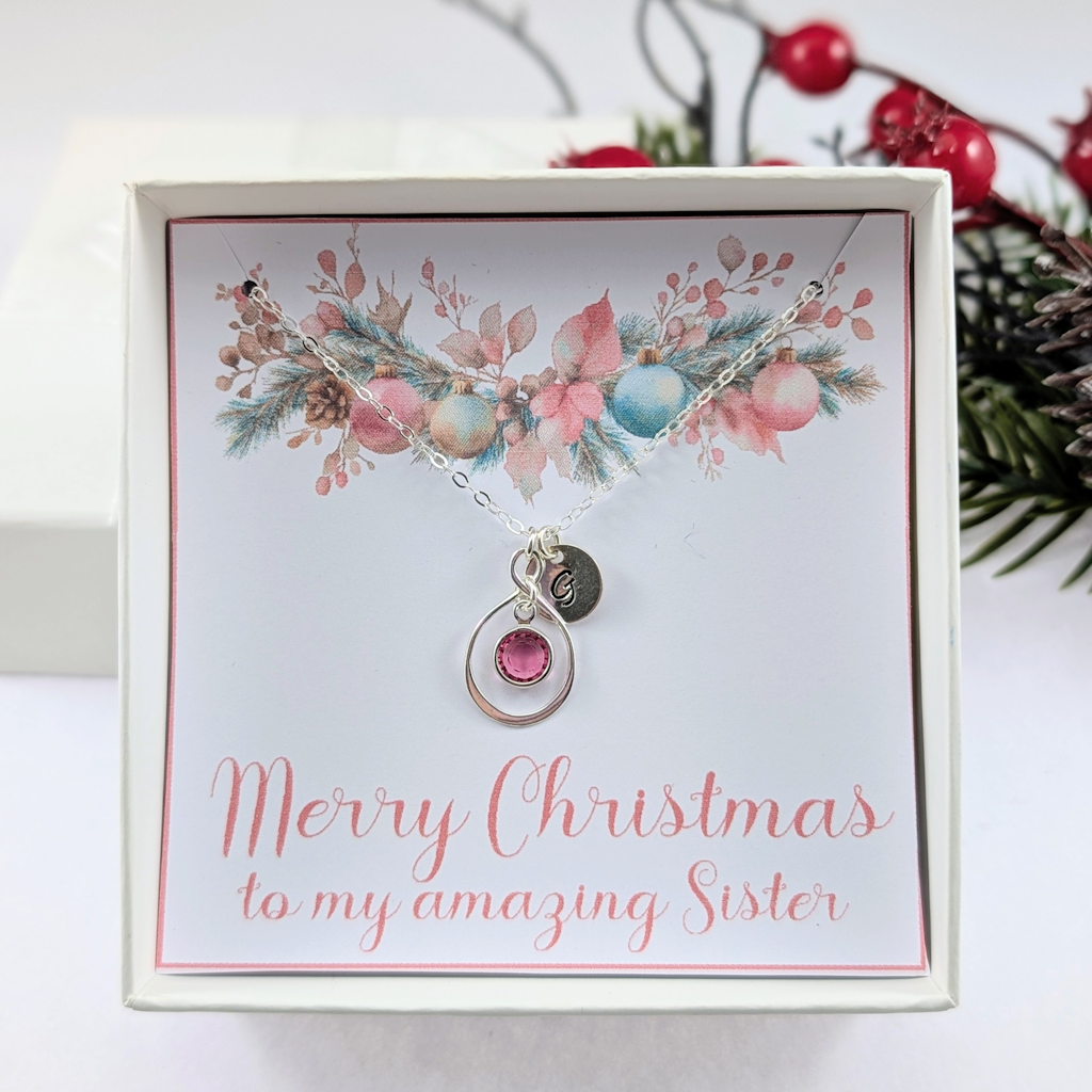 Personalized Sterling Silver Sister Christmas Necklace Birthstone Initial
