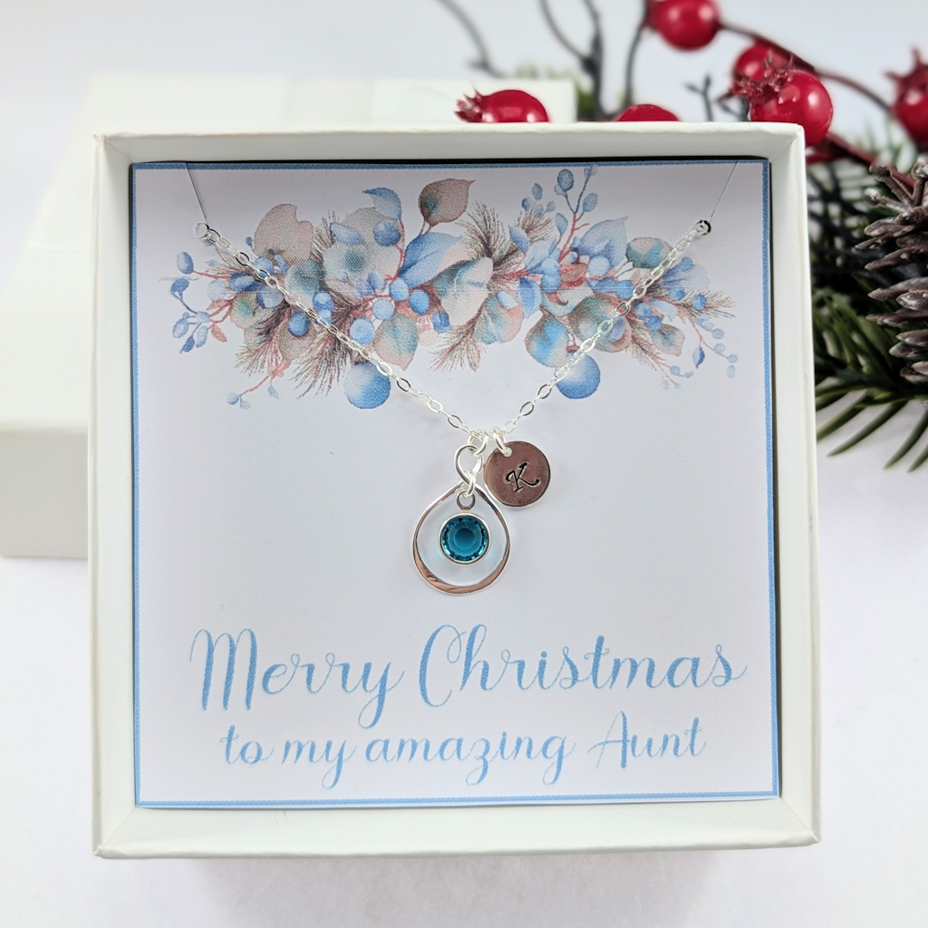 Christmas Necklace Gift for Aunt, Personalized Birthstone  Initial