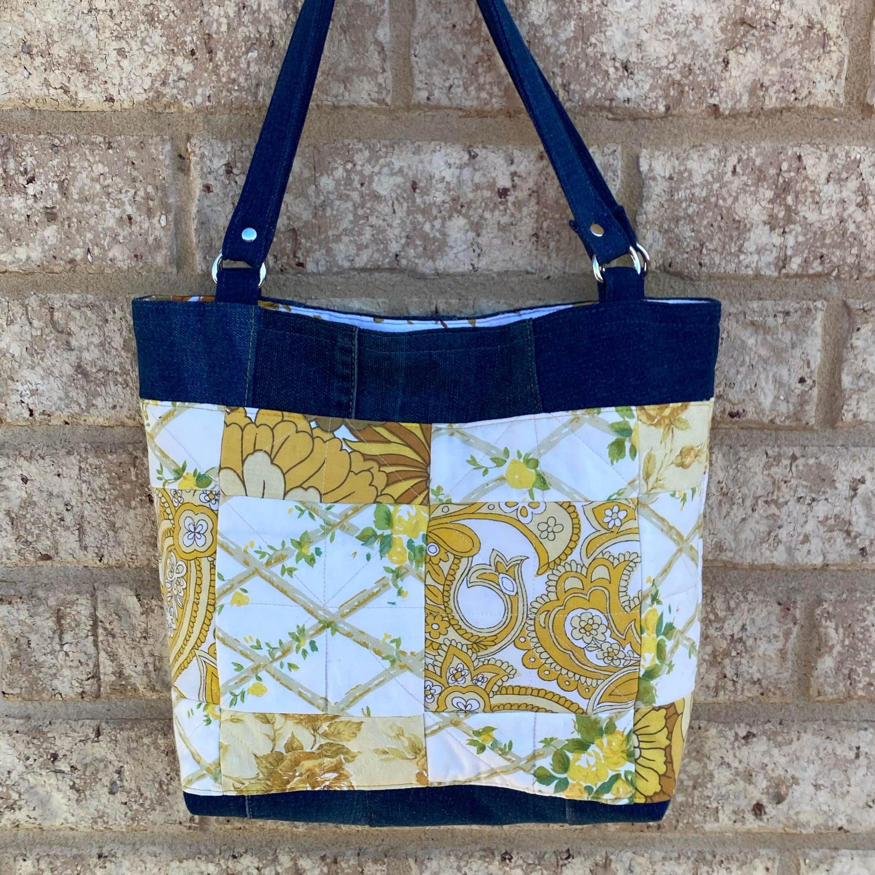 Quilted Sunshine Handmade Tote Bag Upcycled Vintage Fabrics & Denim