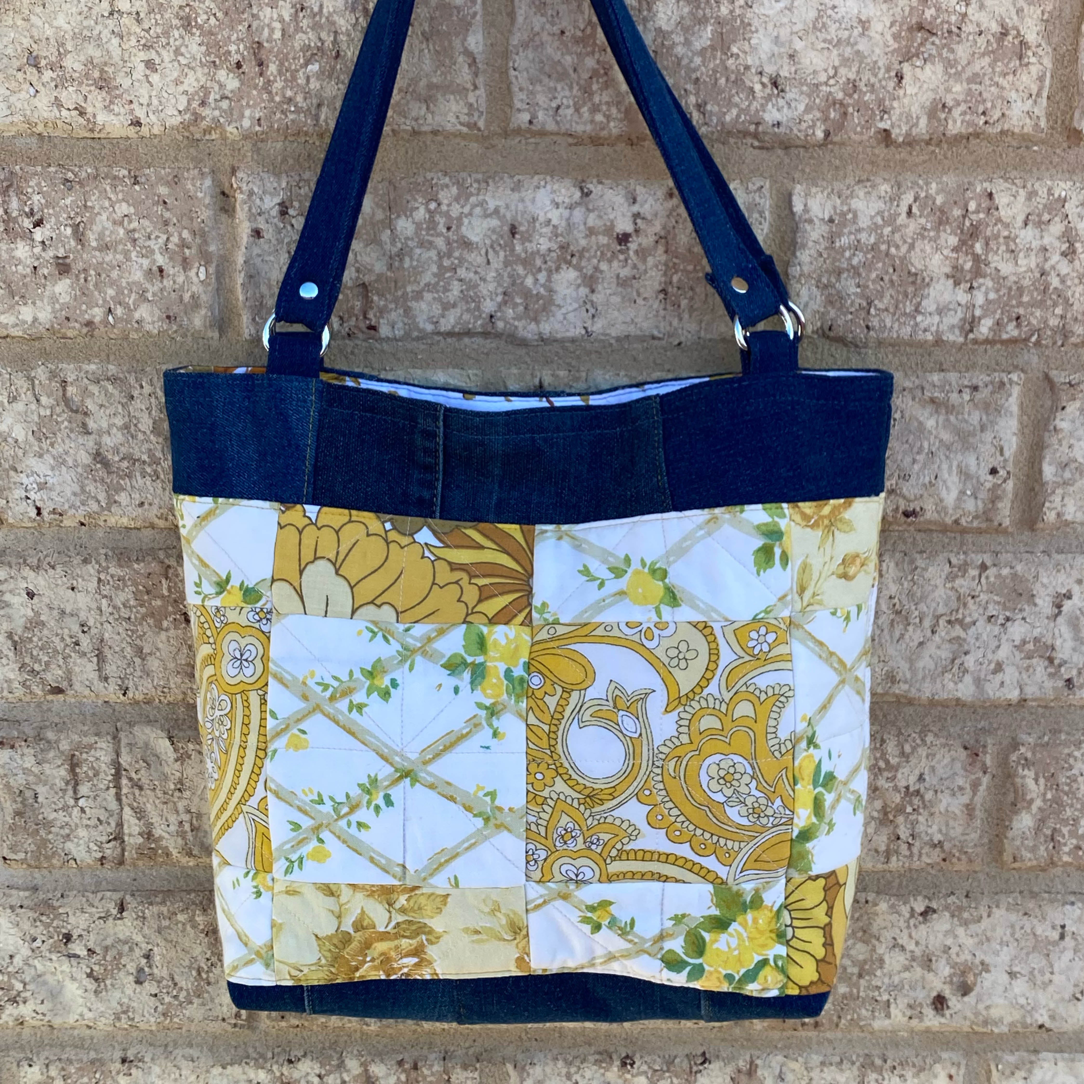 Quilted Sunshine Handmade Tote Bag Upcycled Vintage Fabrics & Denim