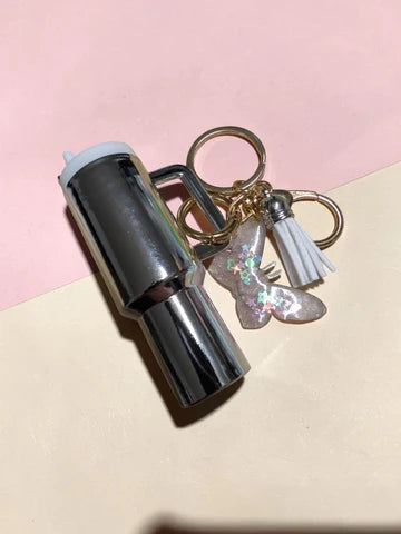 Cute Mini Tumbler Keychain with Handmade Resin Glitter Butterfly & Tassel | Aesthetic Bag Charm, Keychain for Backpack