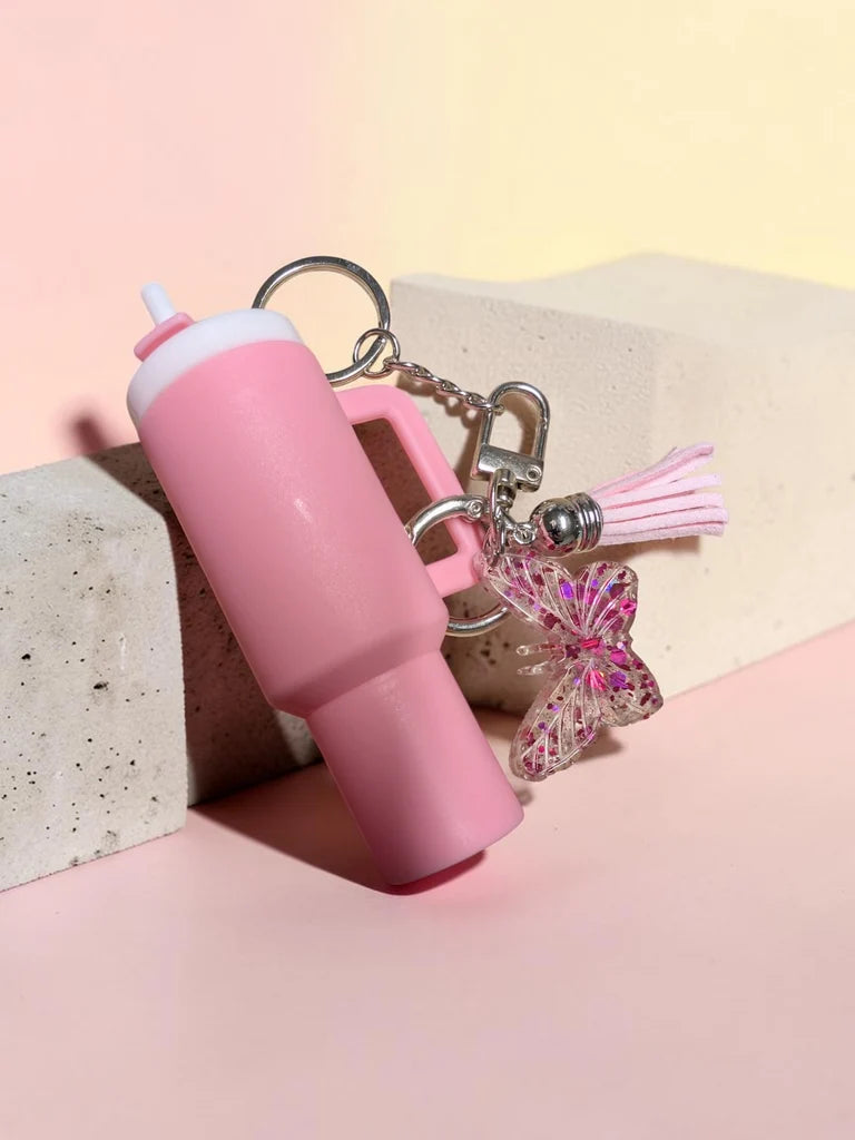 Cute Mini Tumbler Keychain with Handmade Resin Glitter Butterfly & Tassel | Aesthetic Bag Charm, Keychain for Backpack