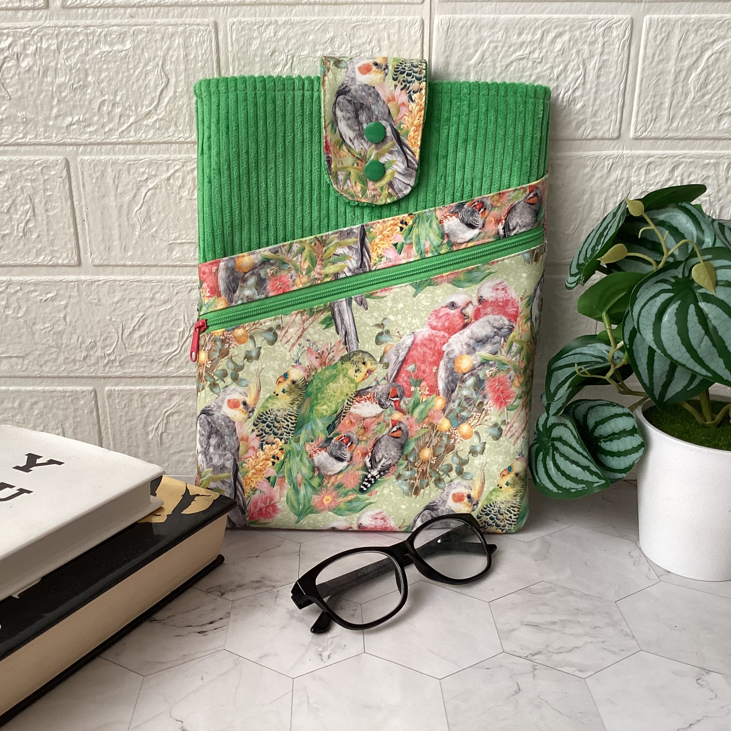 Australian Birds fabric book sleeve with 2 pockets. iPad, tablet pouch