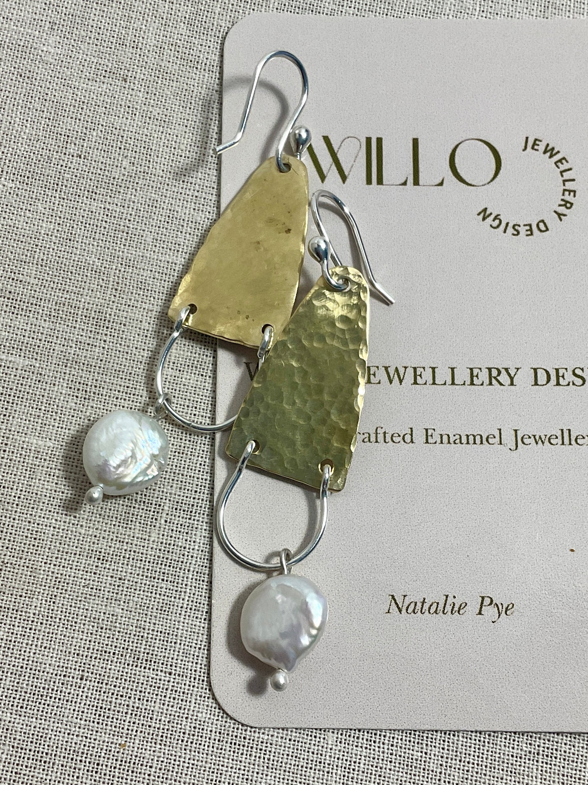 Brass, argentium silver and pearl earrings