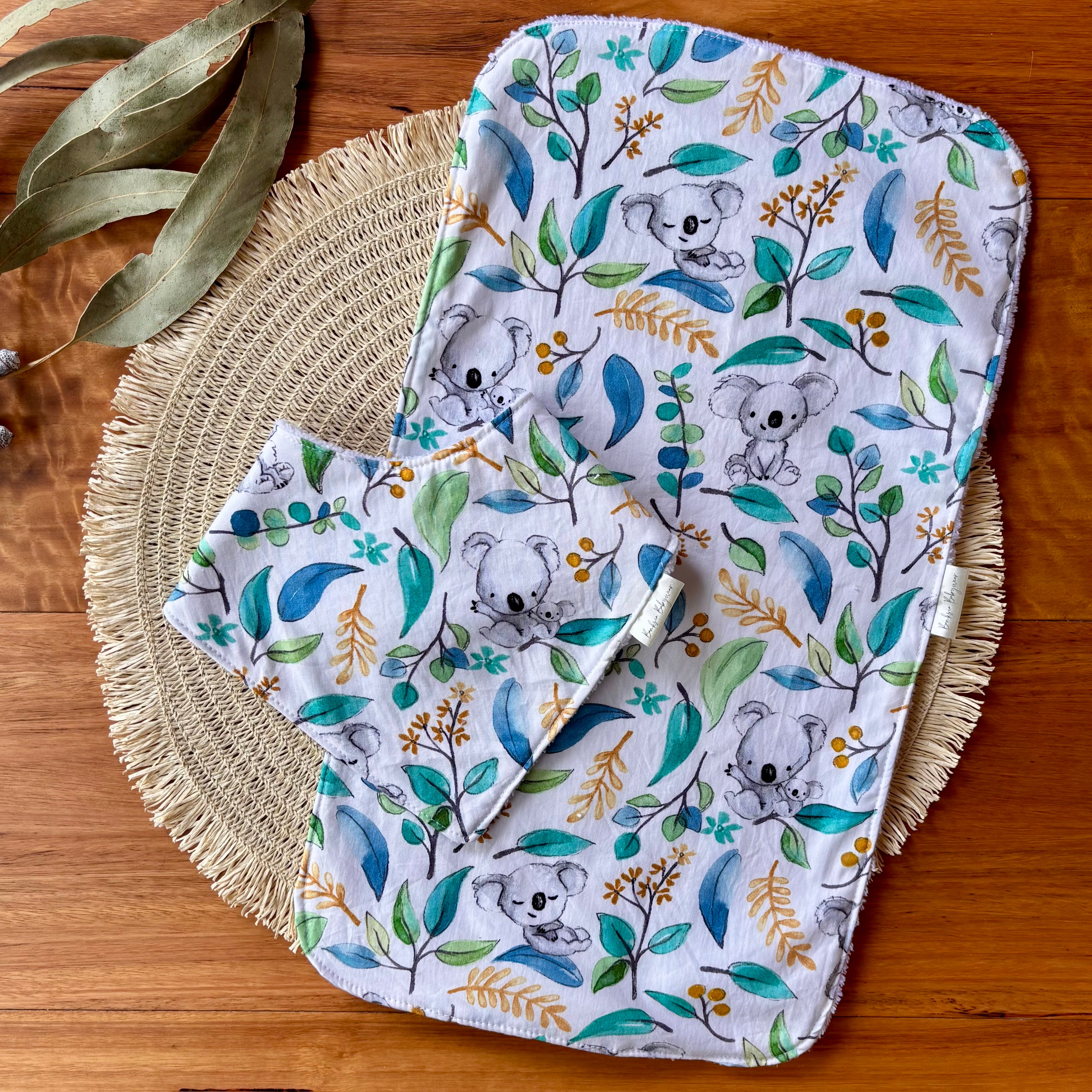 Baby Bib and Burp Cloth Set - Leafy Koalas