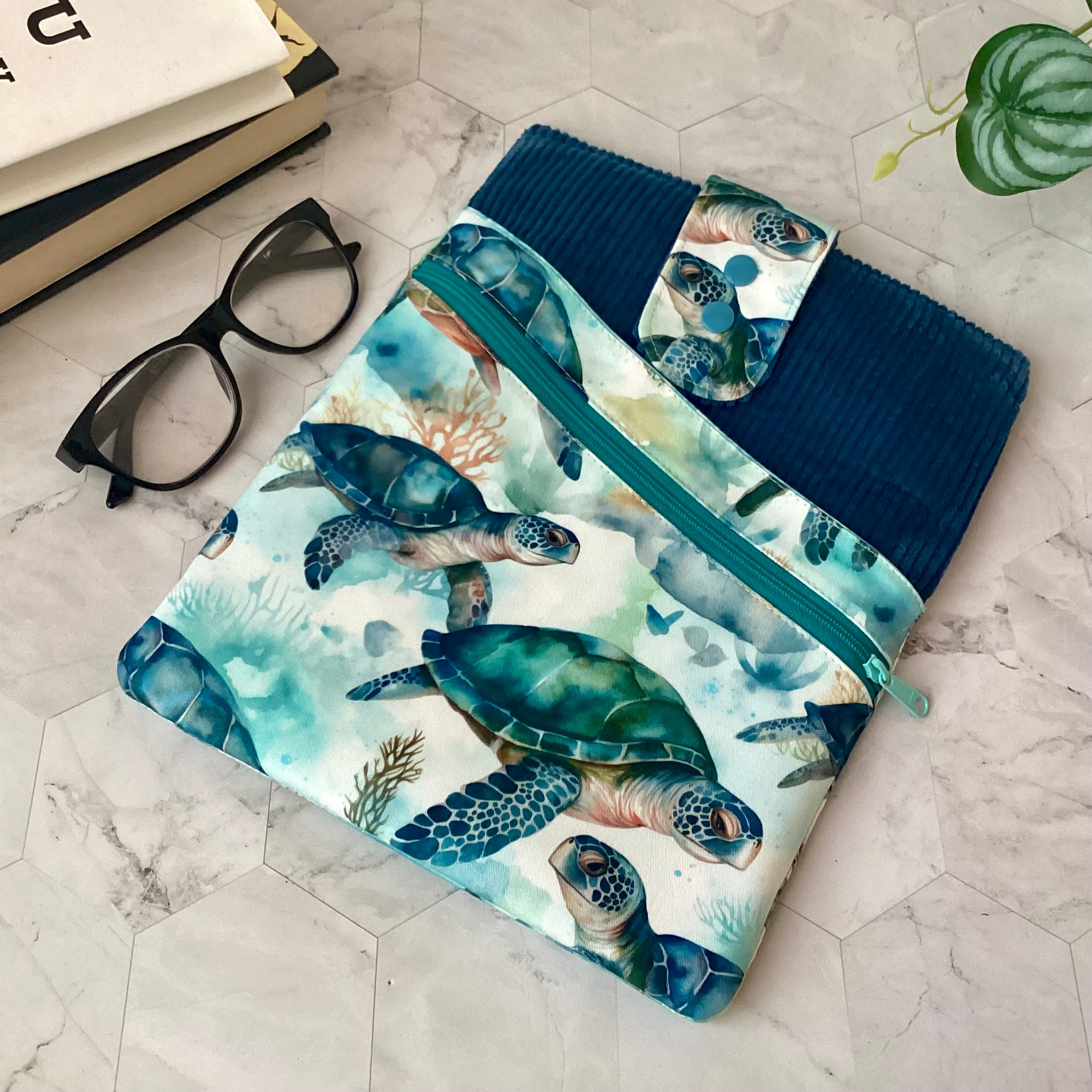 Sea turtle fabric book sleeve with 2 pockets. iPad, tablet pouch