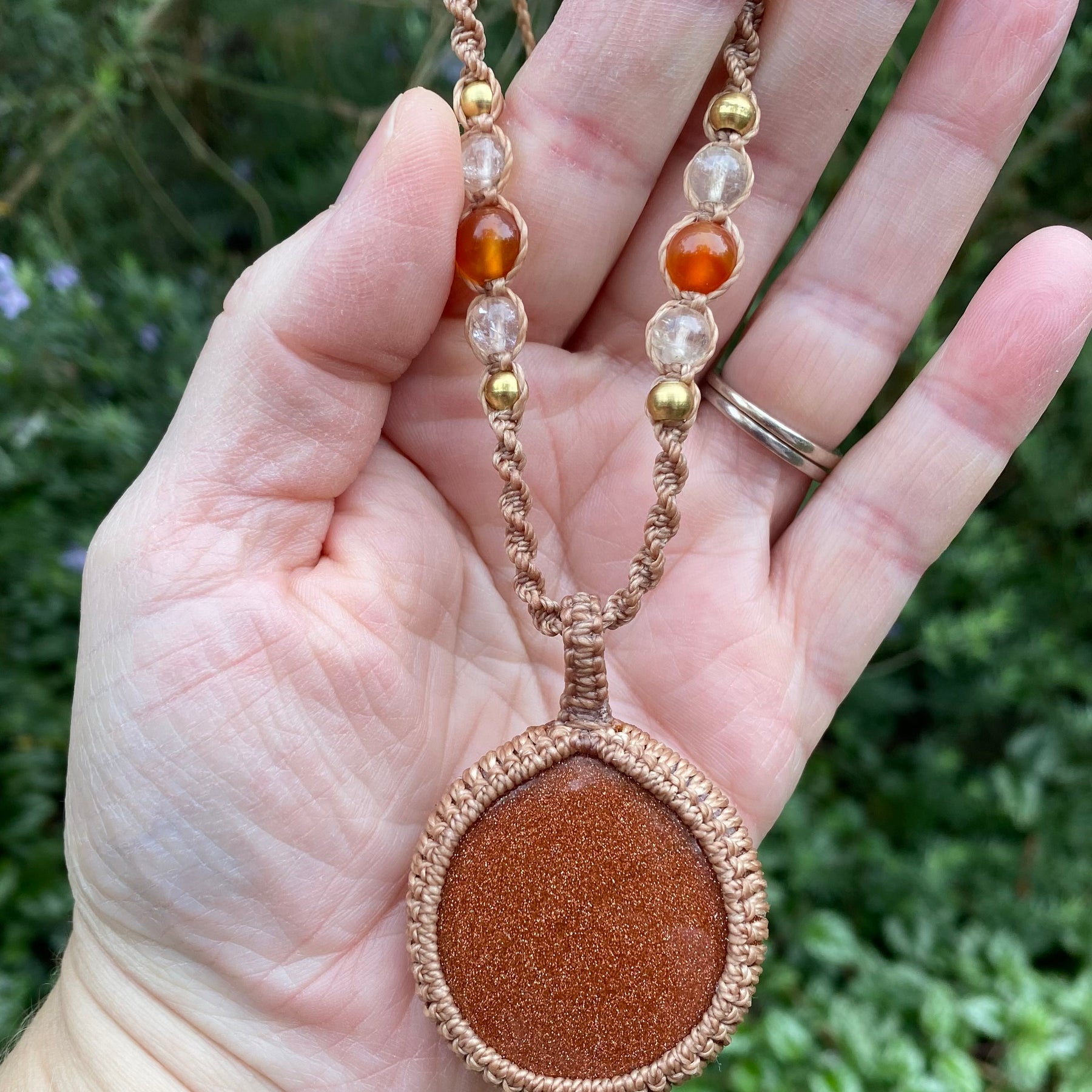 Goldstone Macrame Pendant Necklace, Carnelian Citrine Boho Style,