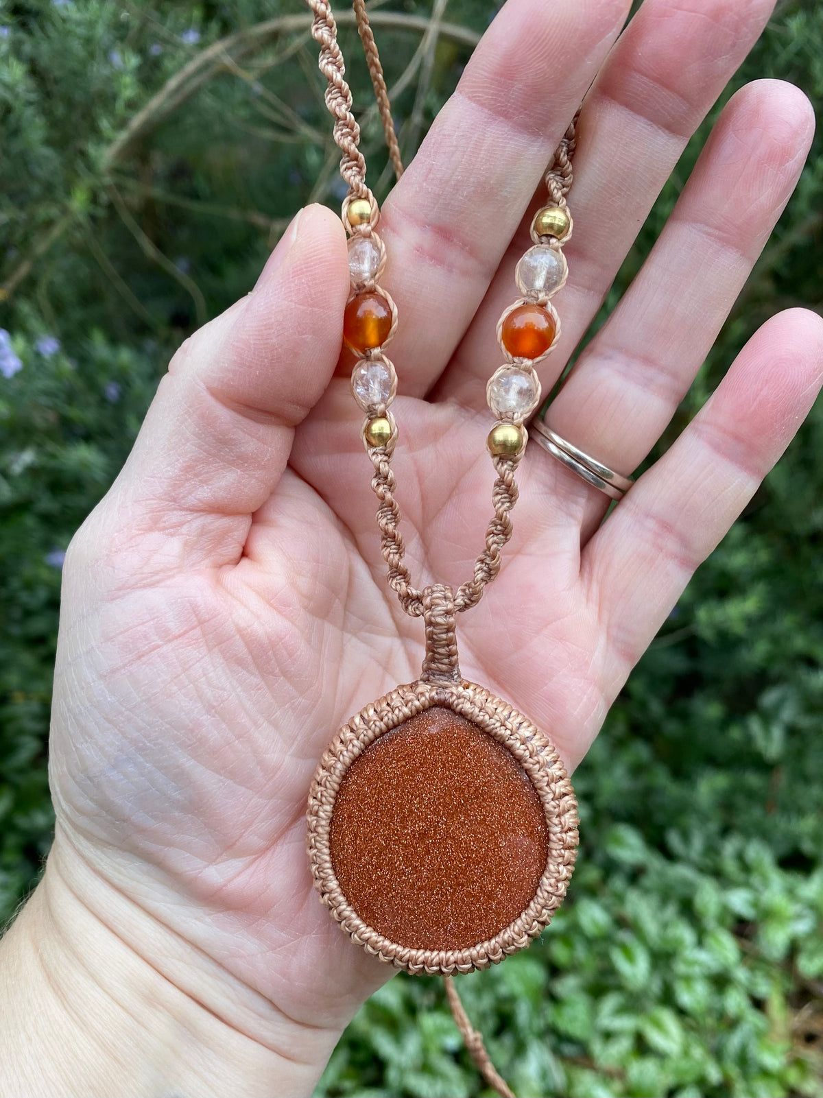 Goldstone Macrame Pendant Necklace, Carnelian Citrine Boho Style,