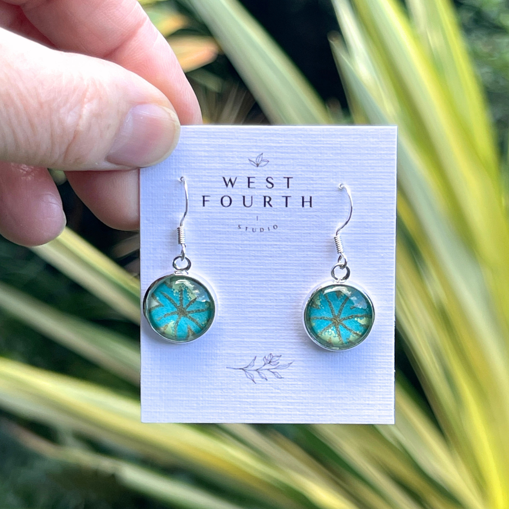 Handmade Turquoise and Gold Starburst Drop Earrings • Made with Japanese Papers