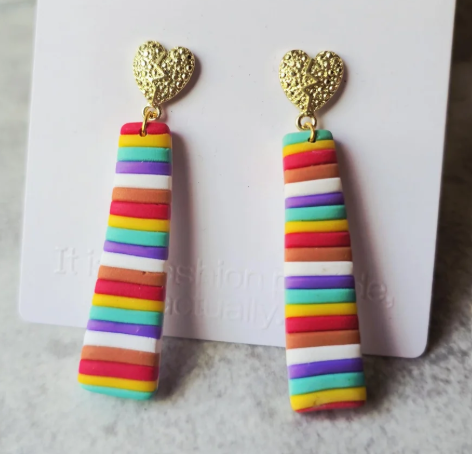 Rainbow Striped Heart Drop Earrings | Handmade Polymer Clay