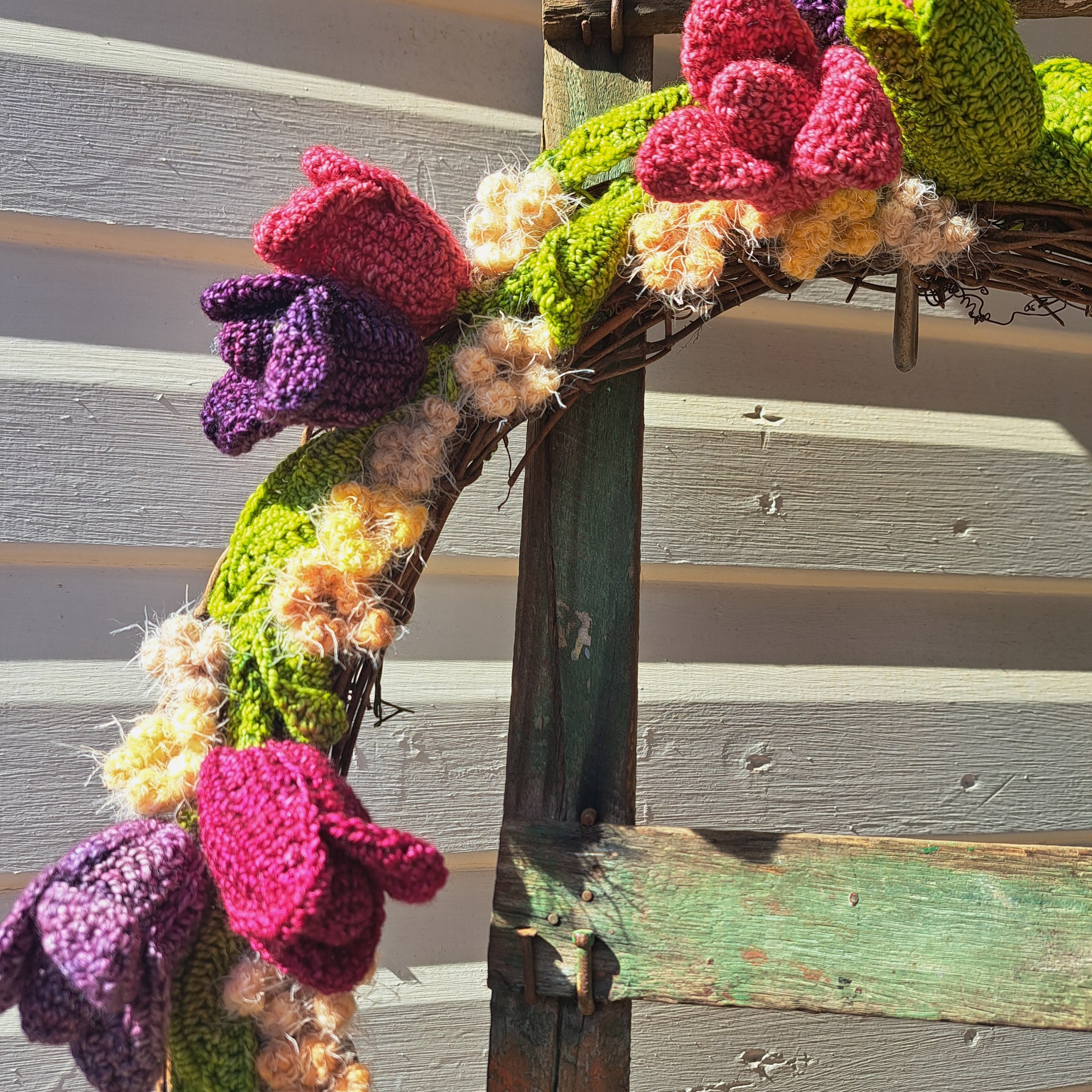 Handmade crochet tulip wreath pinks purples