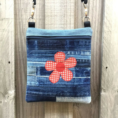 Upcycled Denim Crossbody Bag - Red Flower