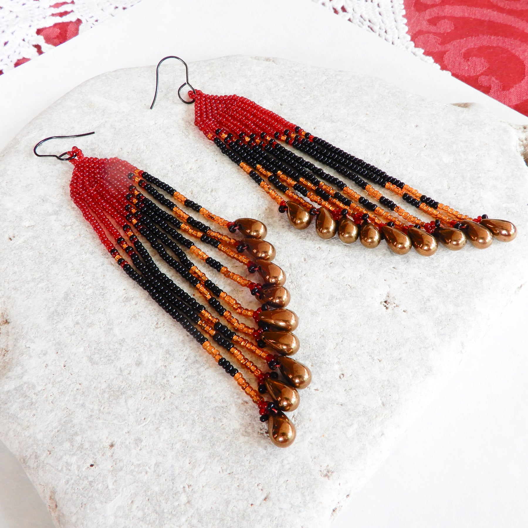 Dark Red Beaded Swing Fringe Earrings