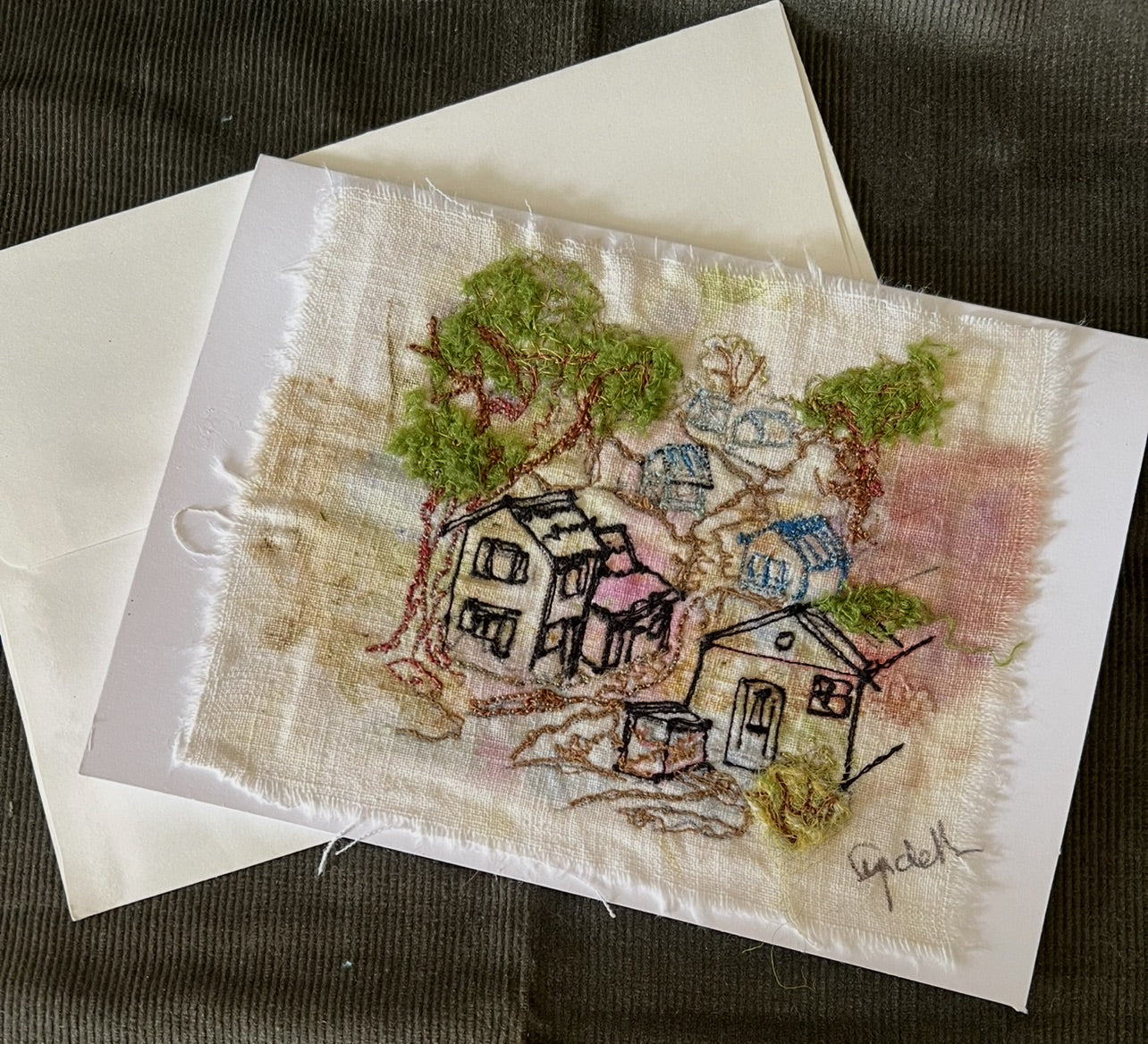 Textile Art Greeting Card - small village