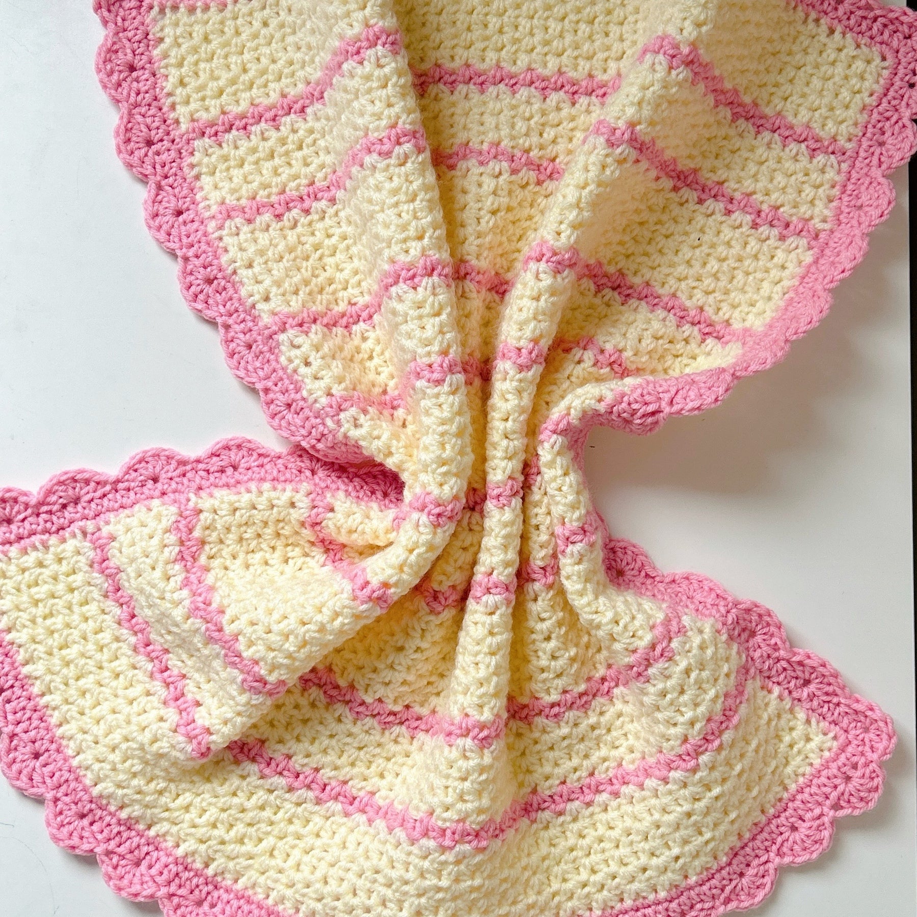 Handmade Pink & Cream Crochet Baby Blanket – Scalloped Edge Nursery Throw