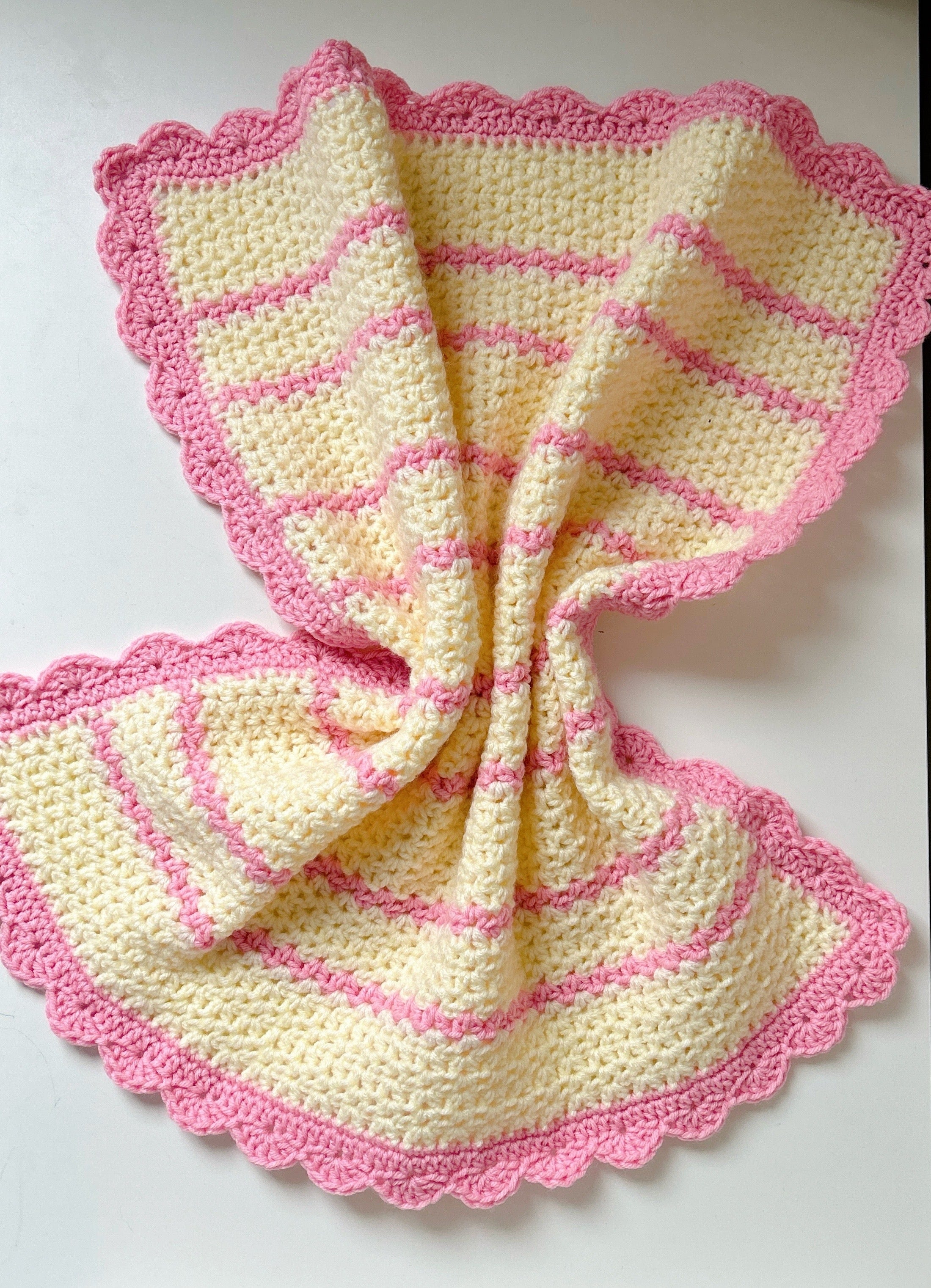 Handmade Pink & Cream Crochet Baby Blanket – Scalloped Edge Nursery Throw