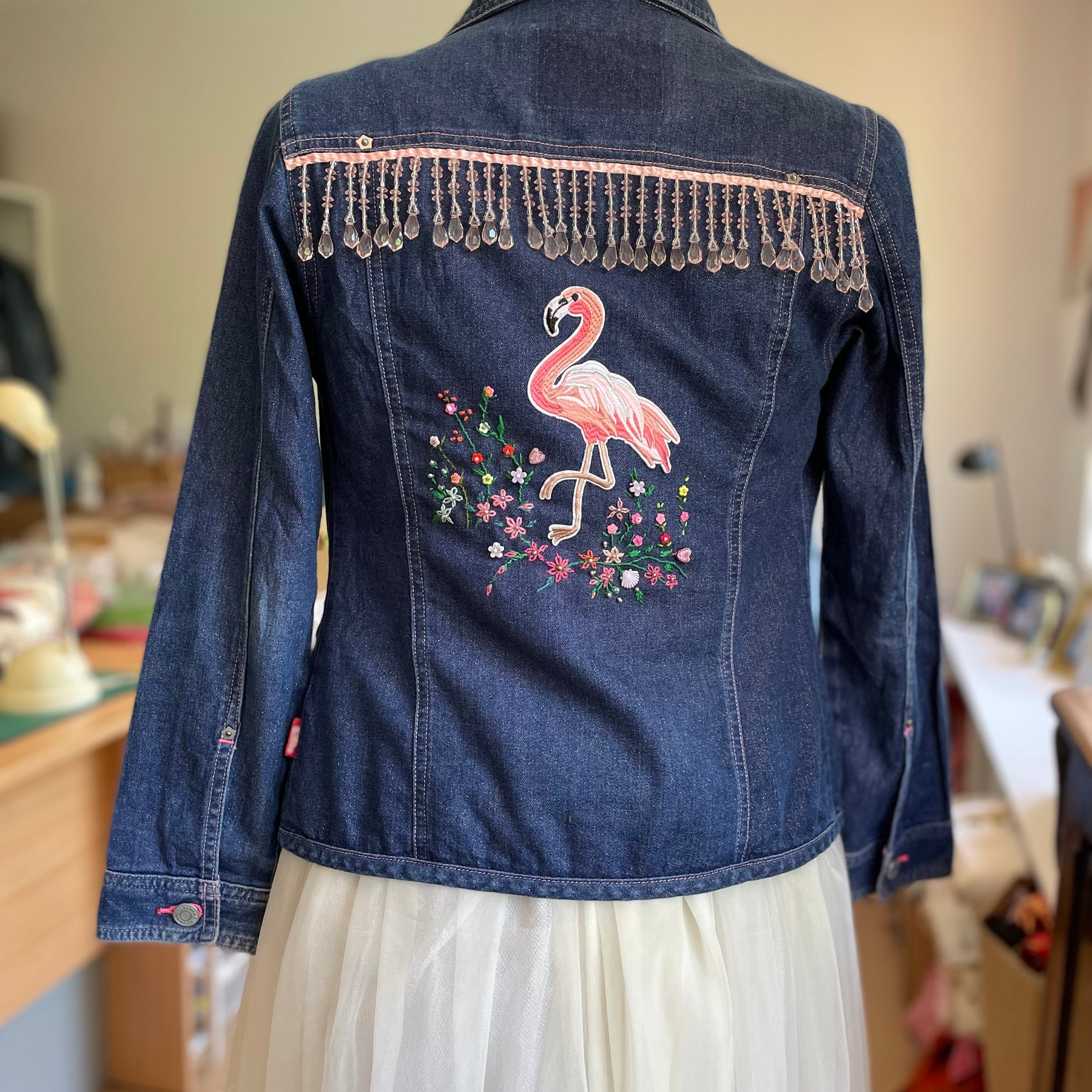 Upcycled Pink Denim Flamingo Beaded Jacket