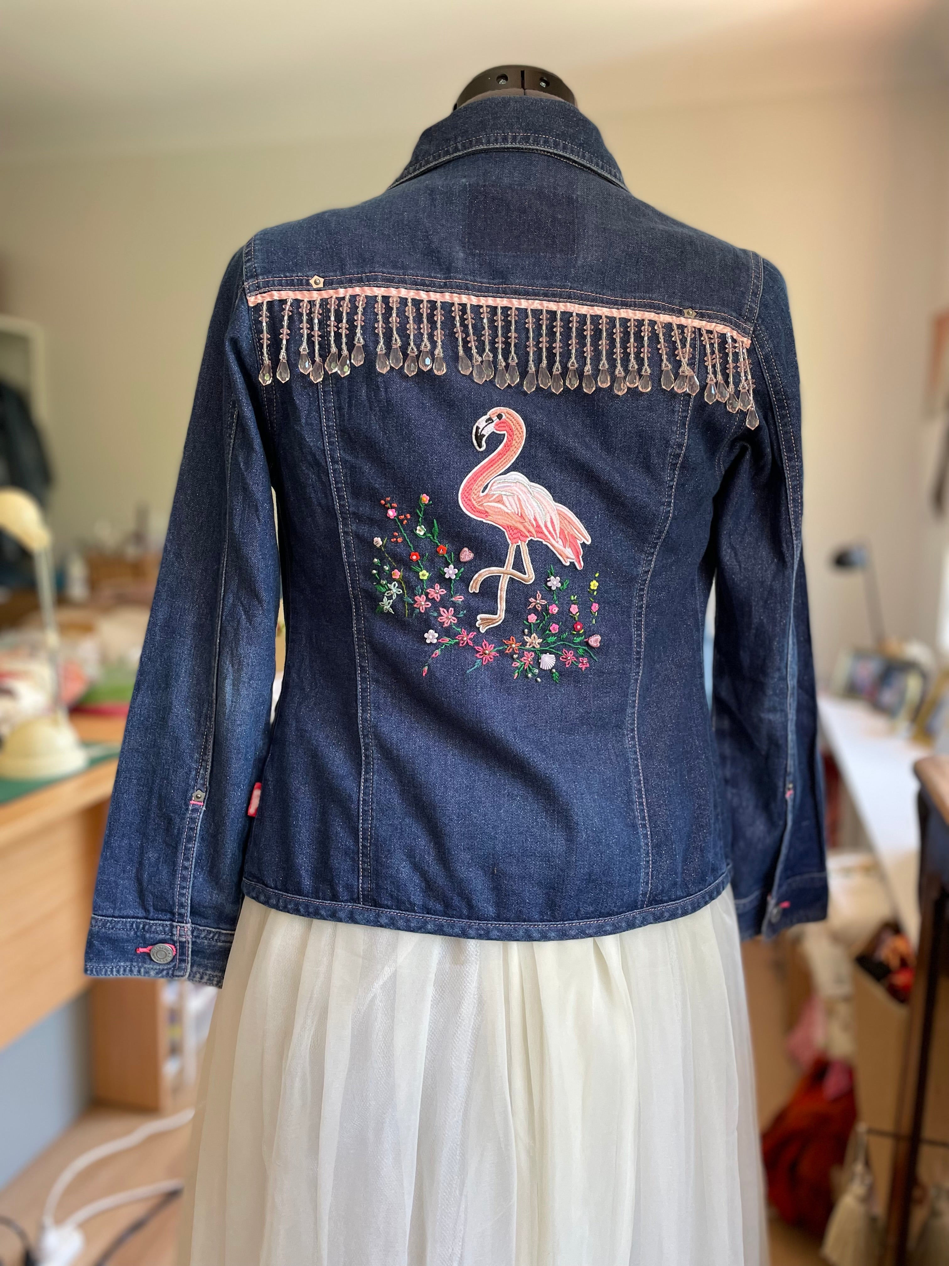Upcycled Pink Denim Flamingo Beaded Jacket