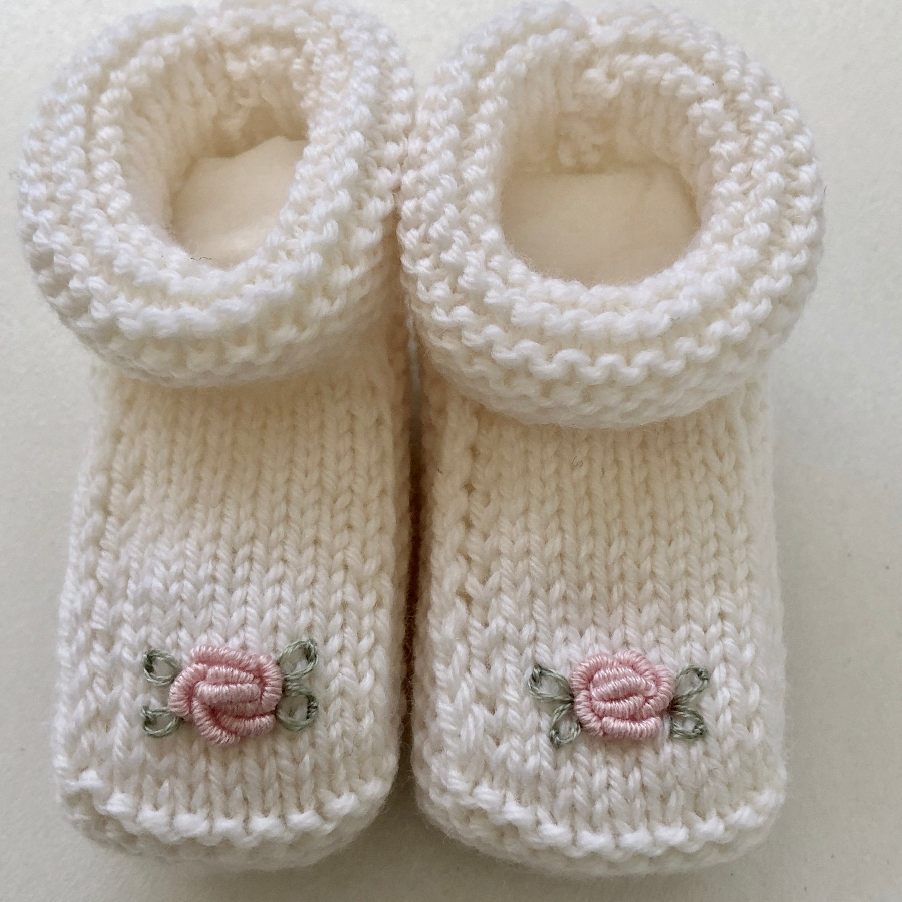 Hand-knitted baby booties with hand-embroidered rosebuds (Australian merino wool)