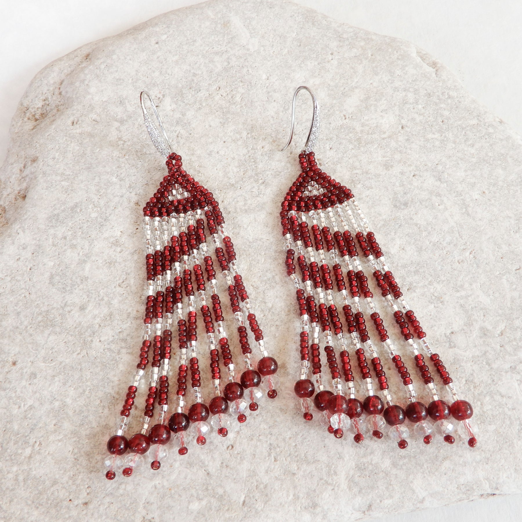 Red & Crystal Striped Fringe Earrings