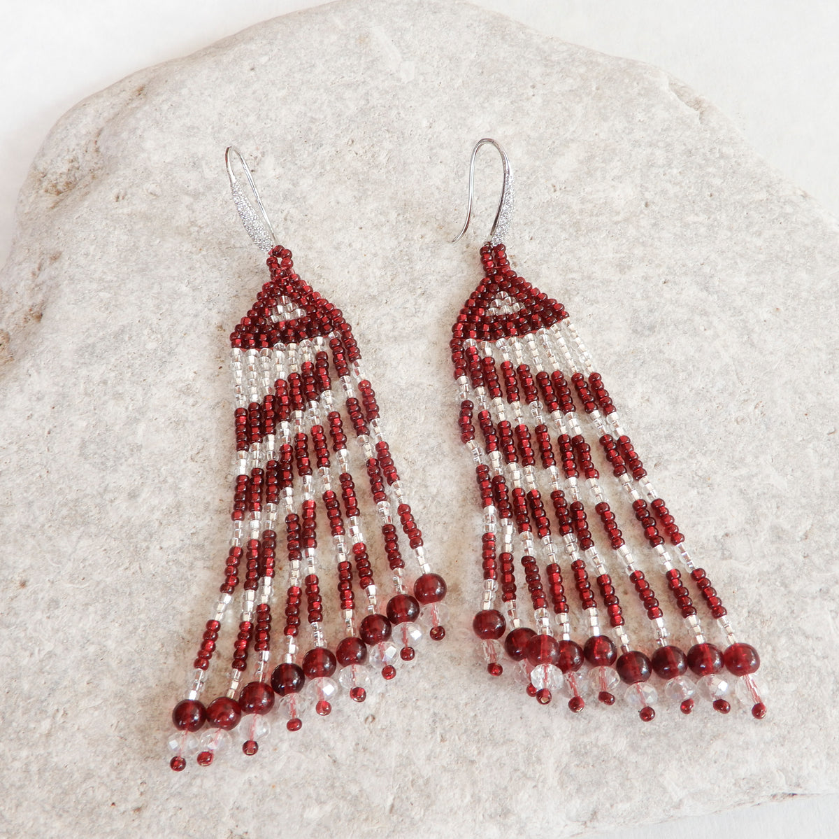 Red & Crystal Striped Fringe Earrings