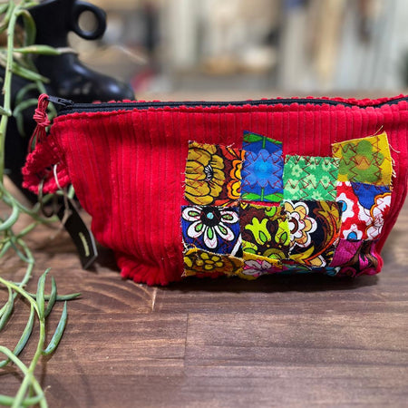 gorgeous red corduroy scrappy patch  vintage fabric purse - violetclothing - free postage