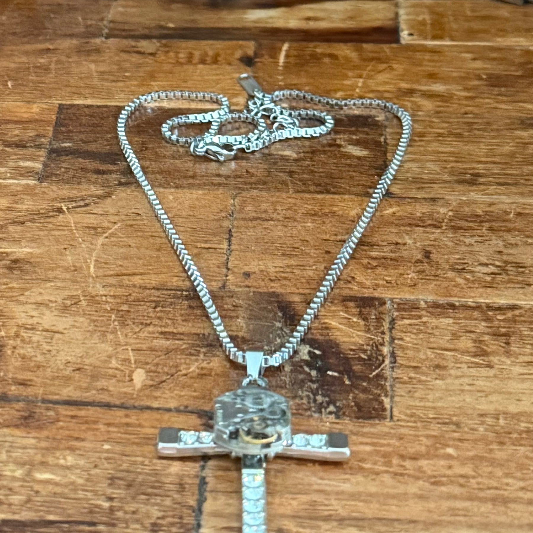 Steampunk watch movement cross necklace
