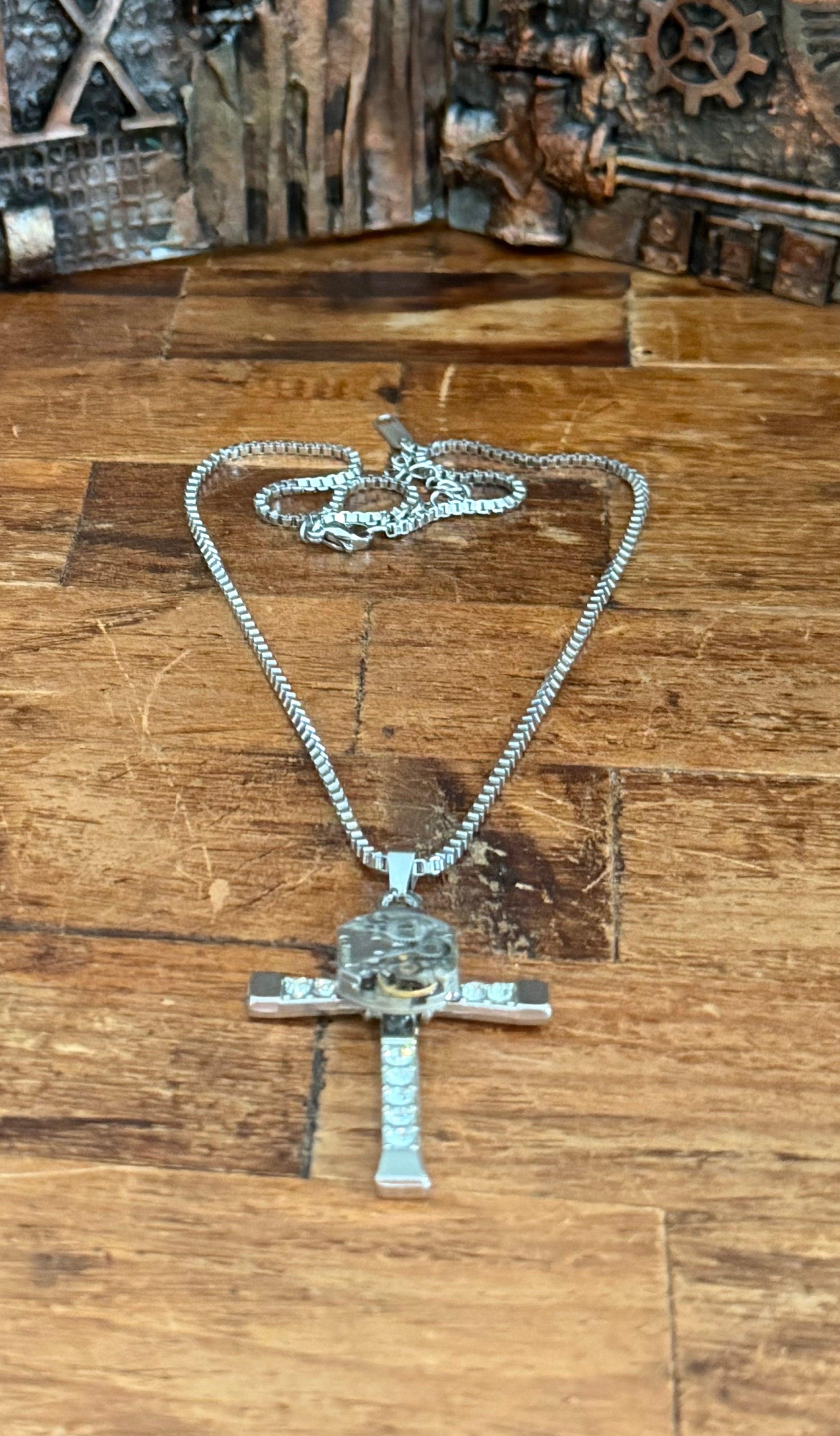 Steampunk watch movement cross necklace