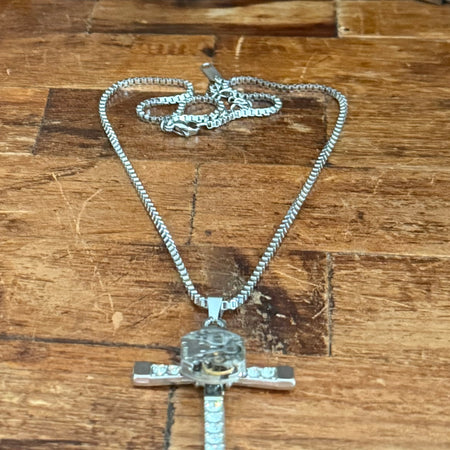 Steampunk watch movement cross necklace