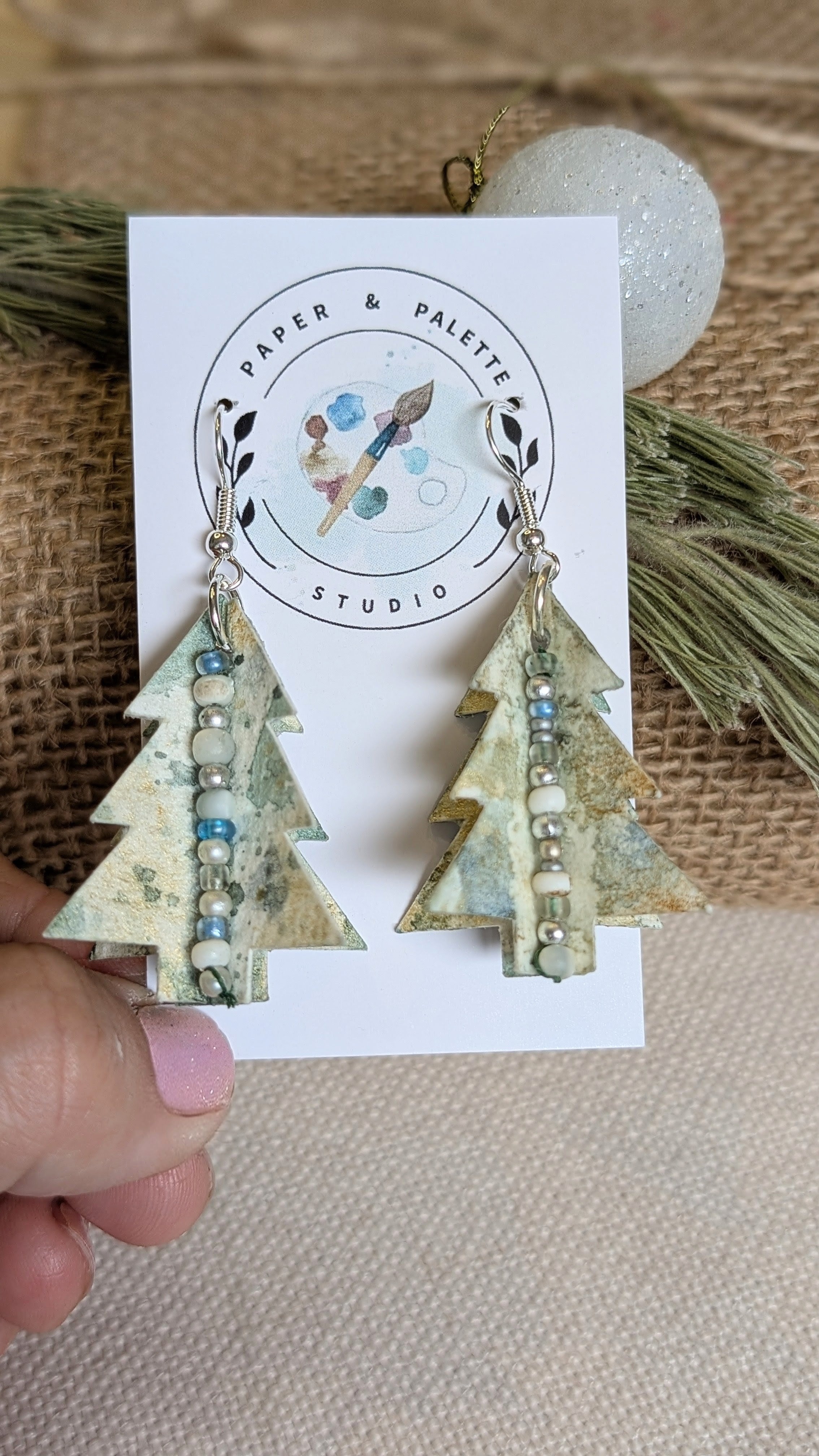 Hand painted Christmas Tree Earrings | Lightweight Paper Jewellery | Festive Beaded Earrings