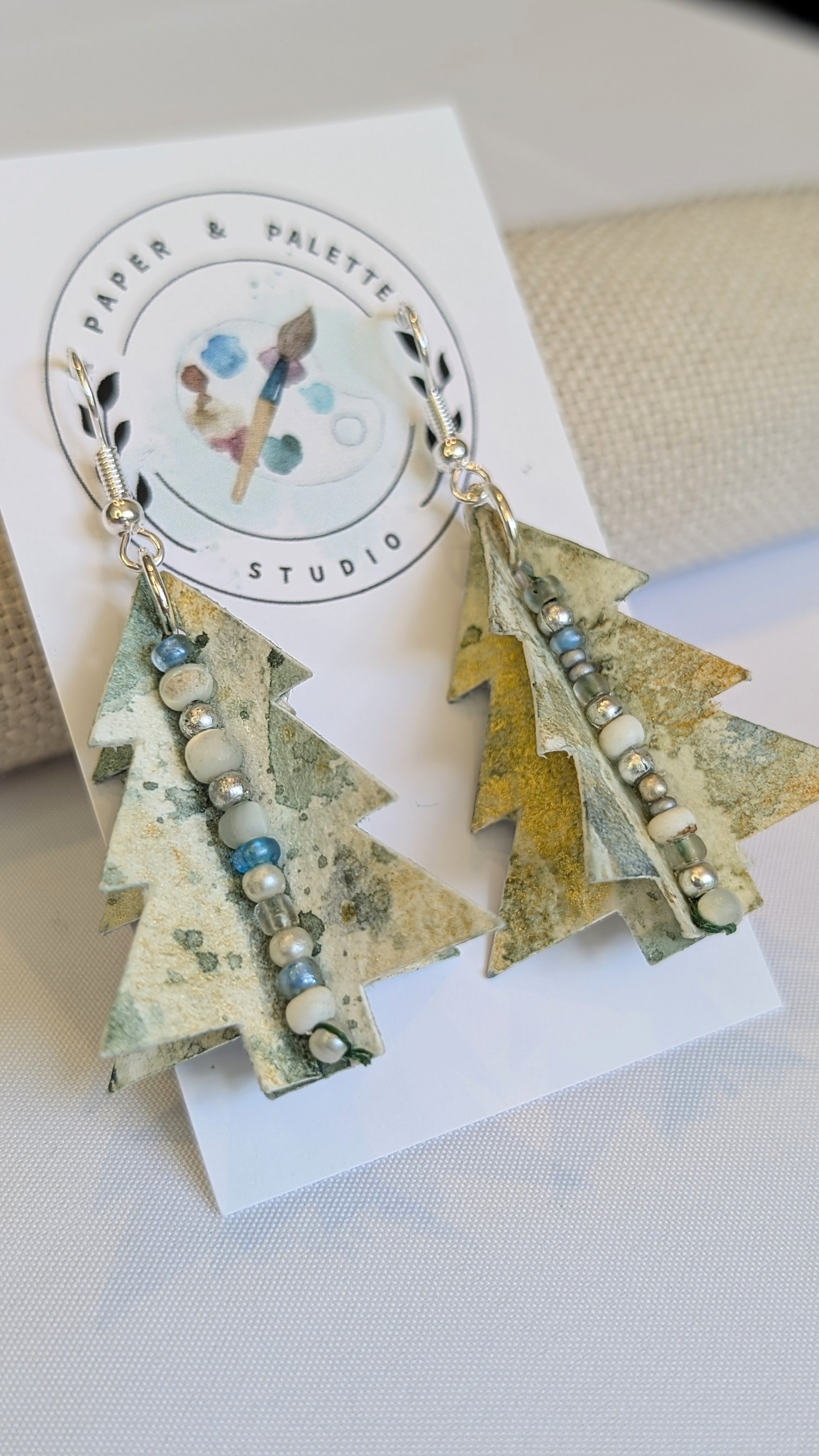 Hand painted Christmas Tree Earrings | Lightweight Paper Jewellery | Festive Beaded Earrings