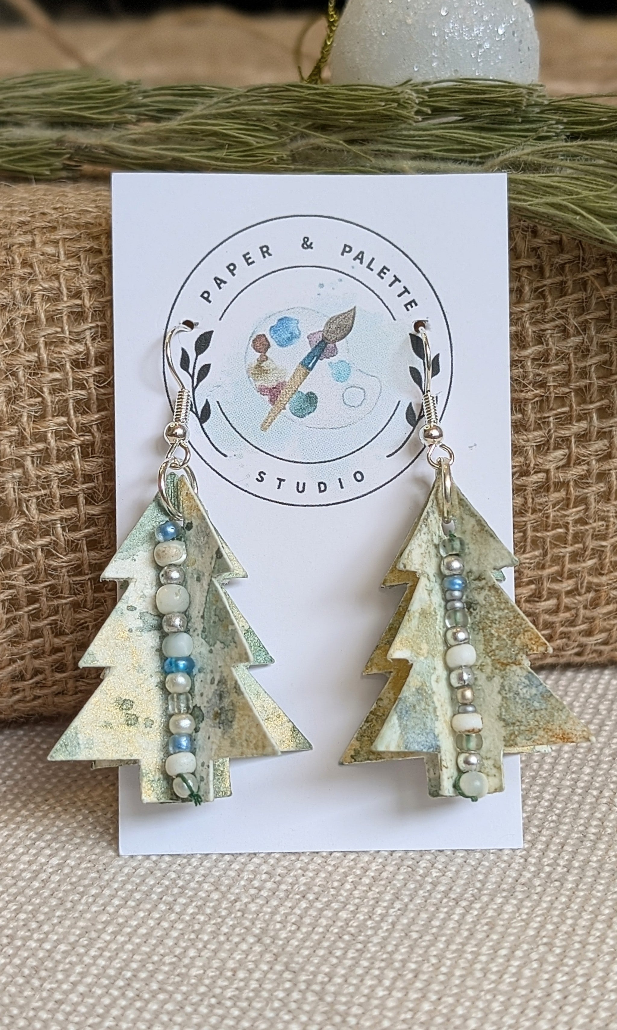 Hand painted Christmas Tree Earrings | Lightweight Paper Jewellery | Festive Beaded Earrings