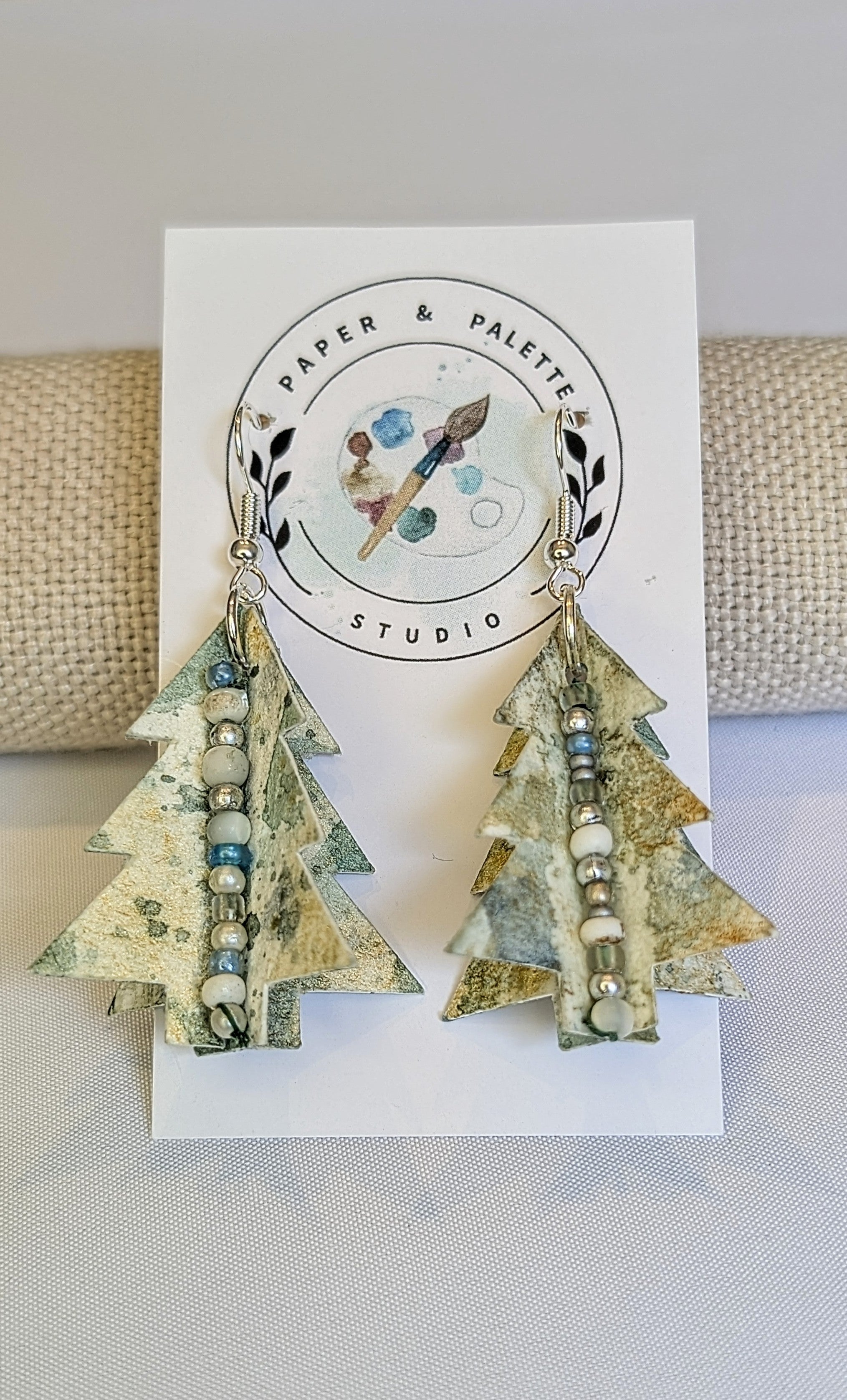 Hand painted Christmas Tree Earrings | Lightweight Paper Jewellery | Festive Beaded Earrings