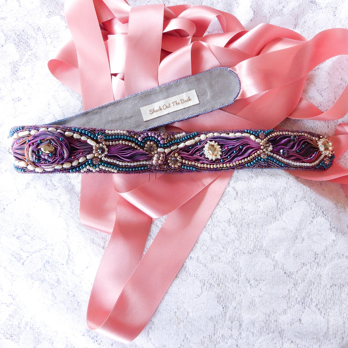Bead Embroidered Bridal Sash Belt in Mostly Purple