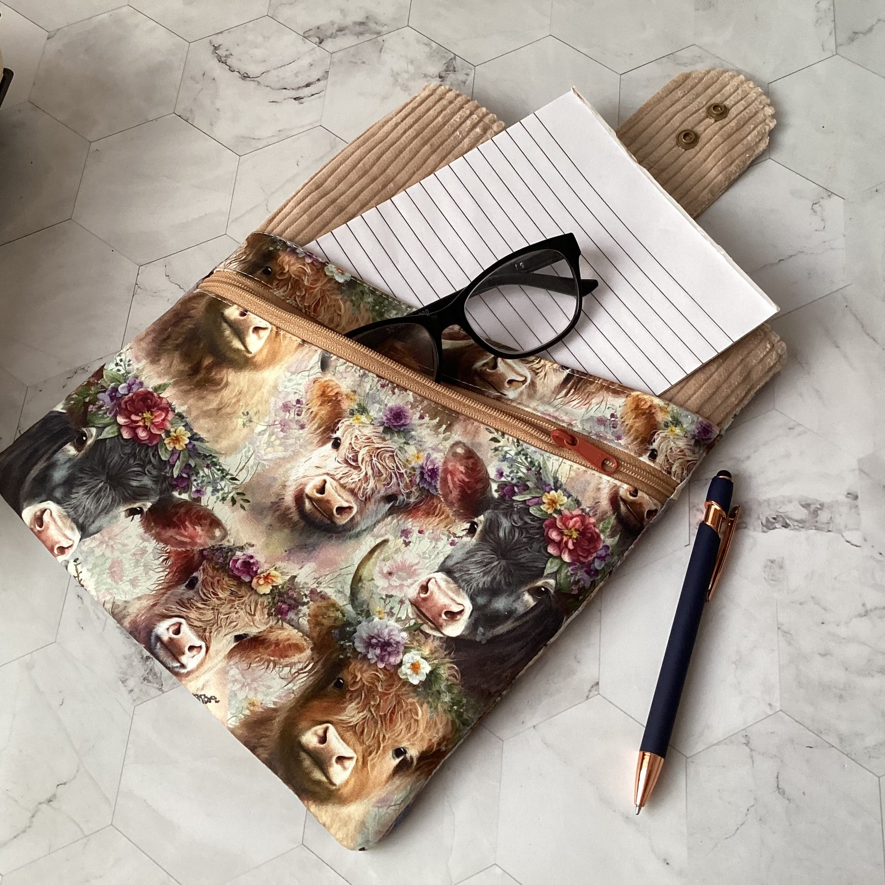 Highland Cows fabric book sleeve with 2 pockets. iPad, tablet pouch
