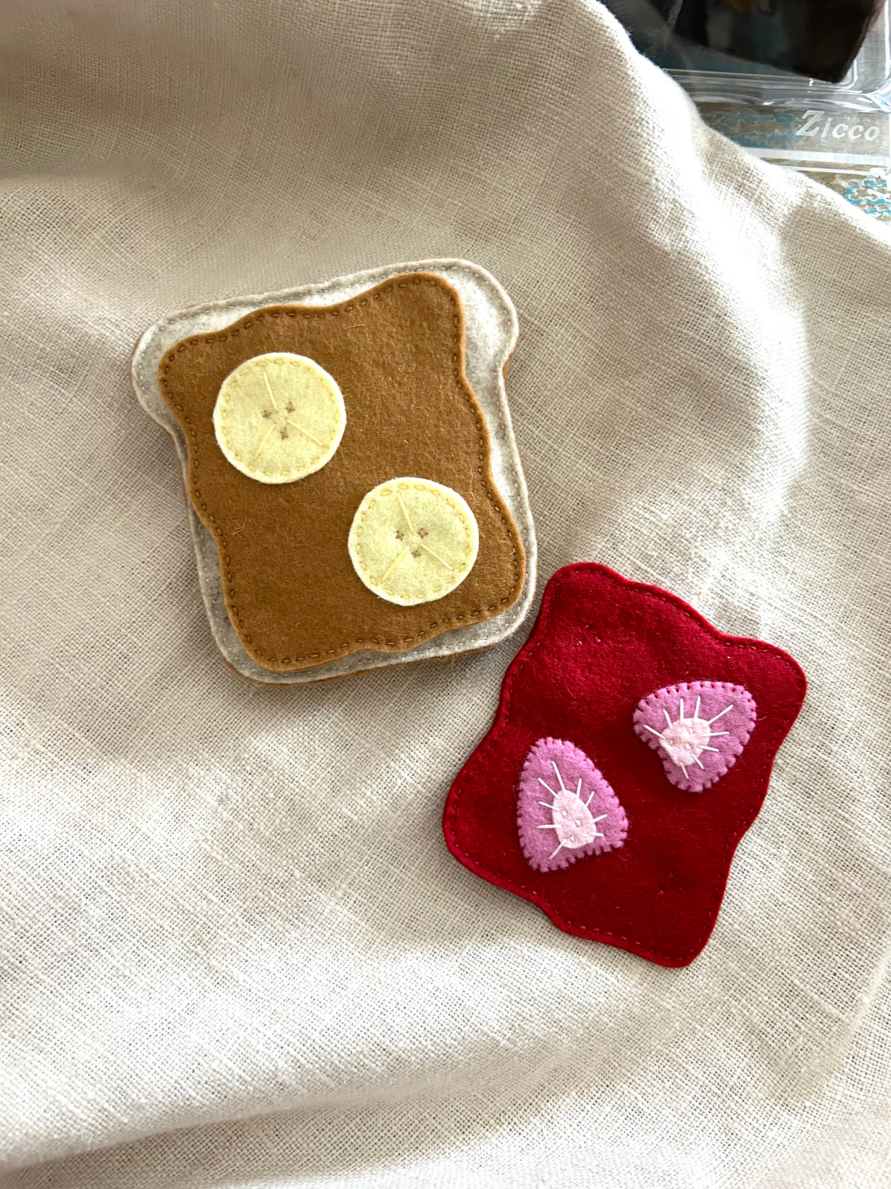 Toast with peanut butter or jam, strawberry jelly, play kitchen