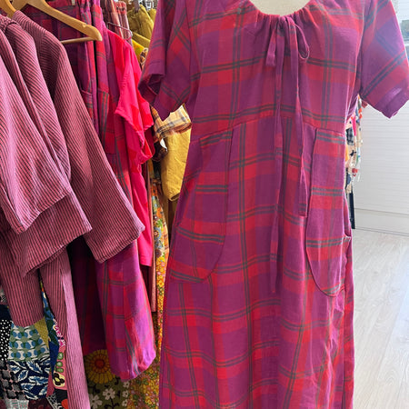 gorgeous red and pink check linen dress - medium 10-12 - violetclothing - free postage