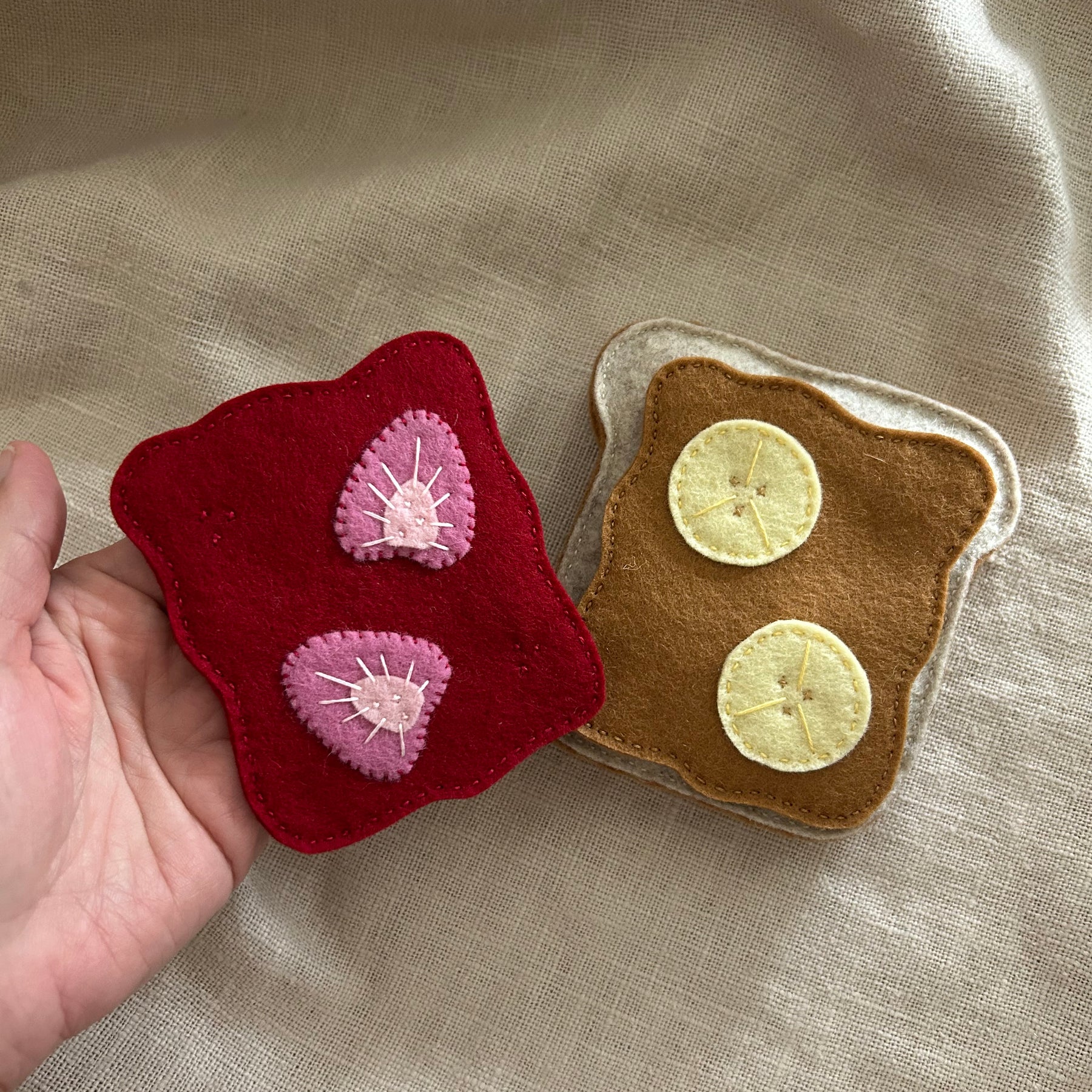 Toast with peanut butter or jam, strawberry jelly, play kitchen