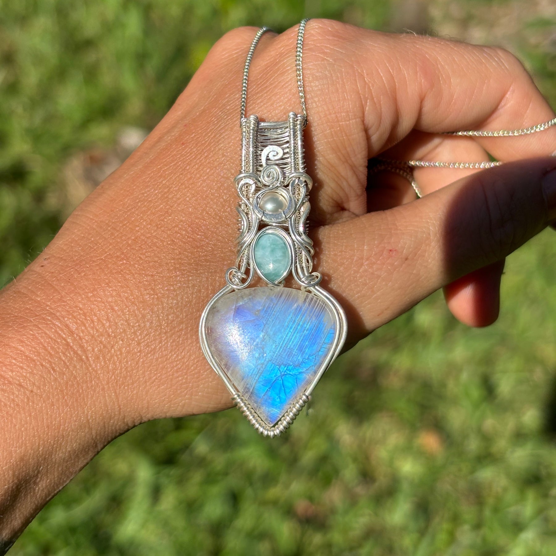 Moonstone, Larimar, Pearl, silver pendant