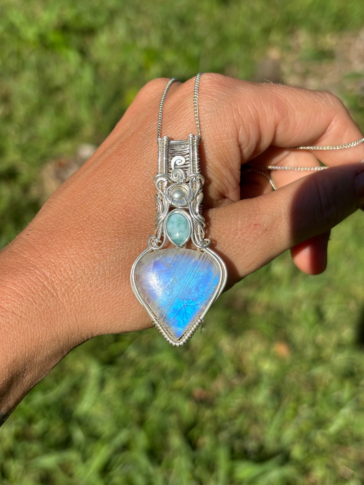 Moonstone, Larimar, Pearl, silver pendant