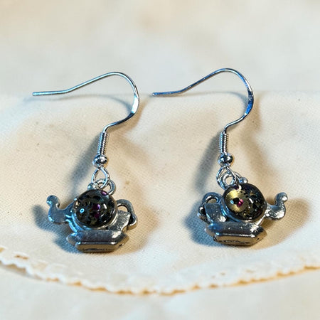 Steampunk watch parts tea pot silver earrings