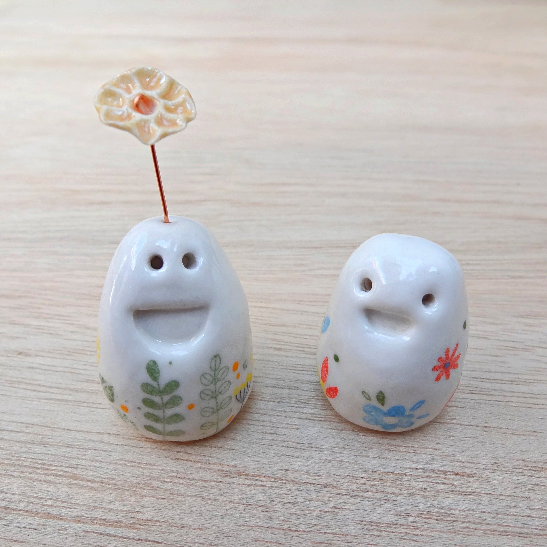 Set of 2 miniature ceramic pebble pets. Collectable tiny ceramic pottery stone friends. Handmade Whimsical Shelf or desk decor