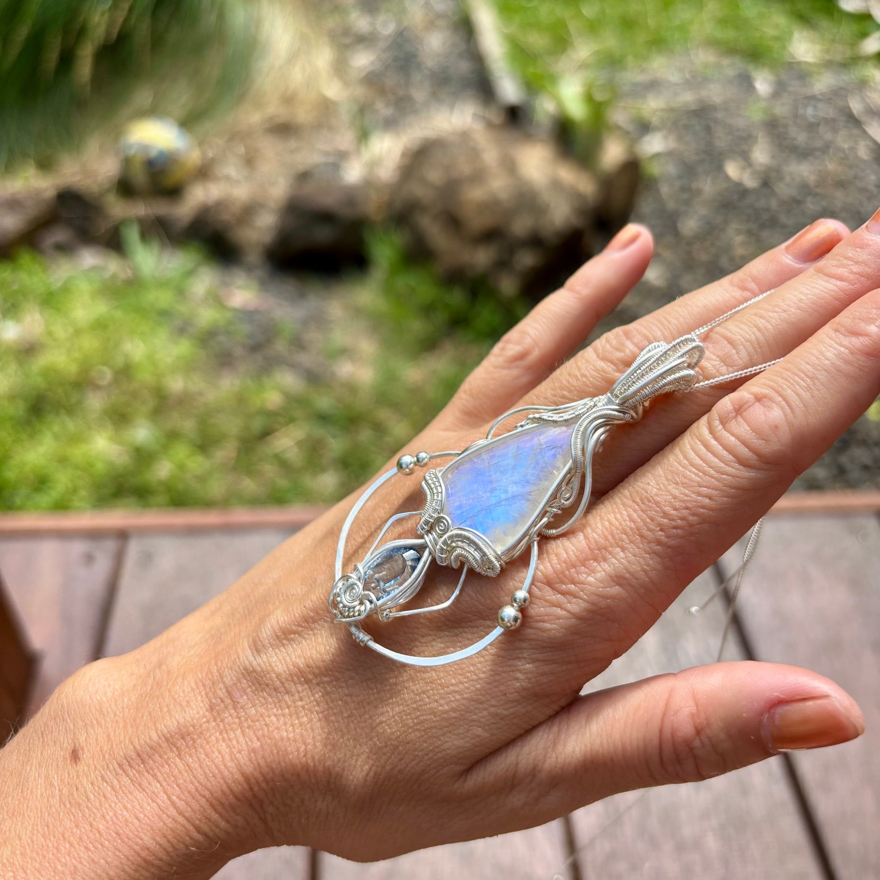 Moonstone, mystic Quartz fantasy geometry pendant