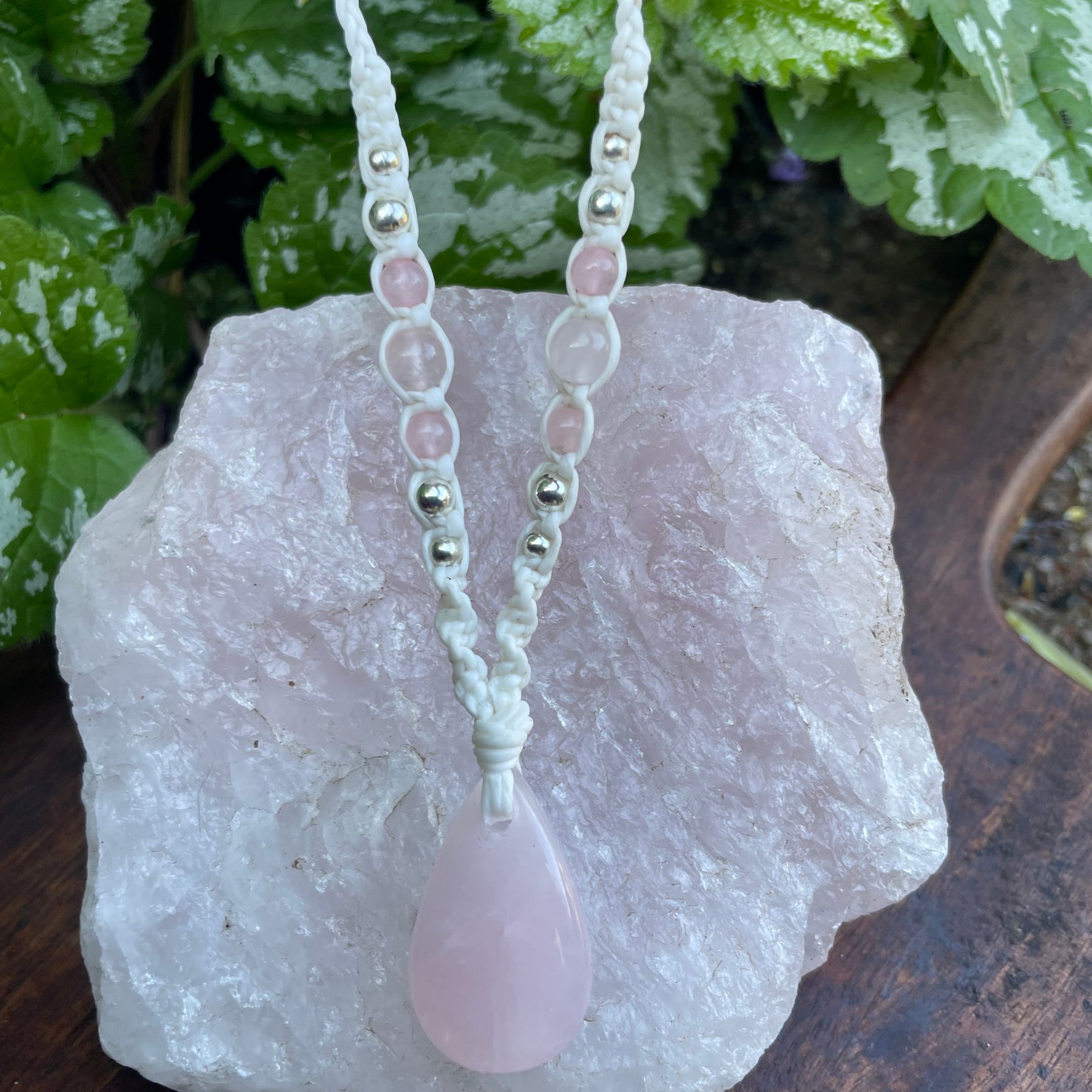Rose Quartz Pendant, Tear drop, macrame Necklace, adjustable