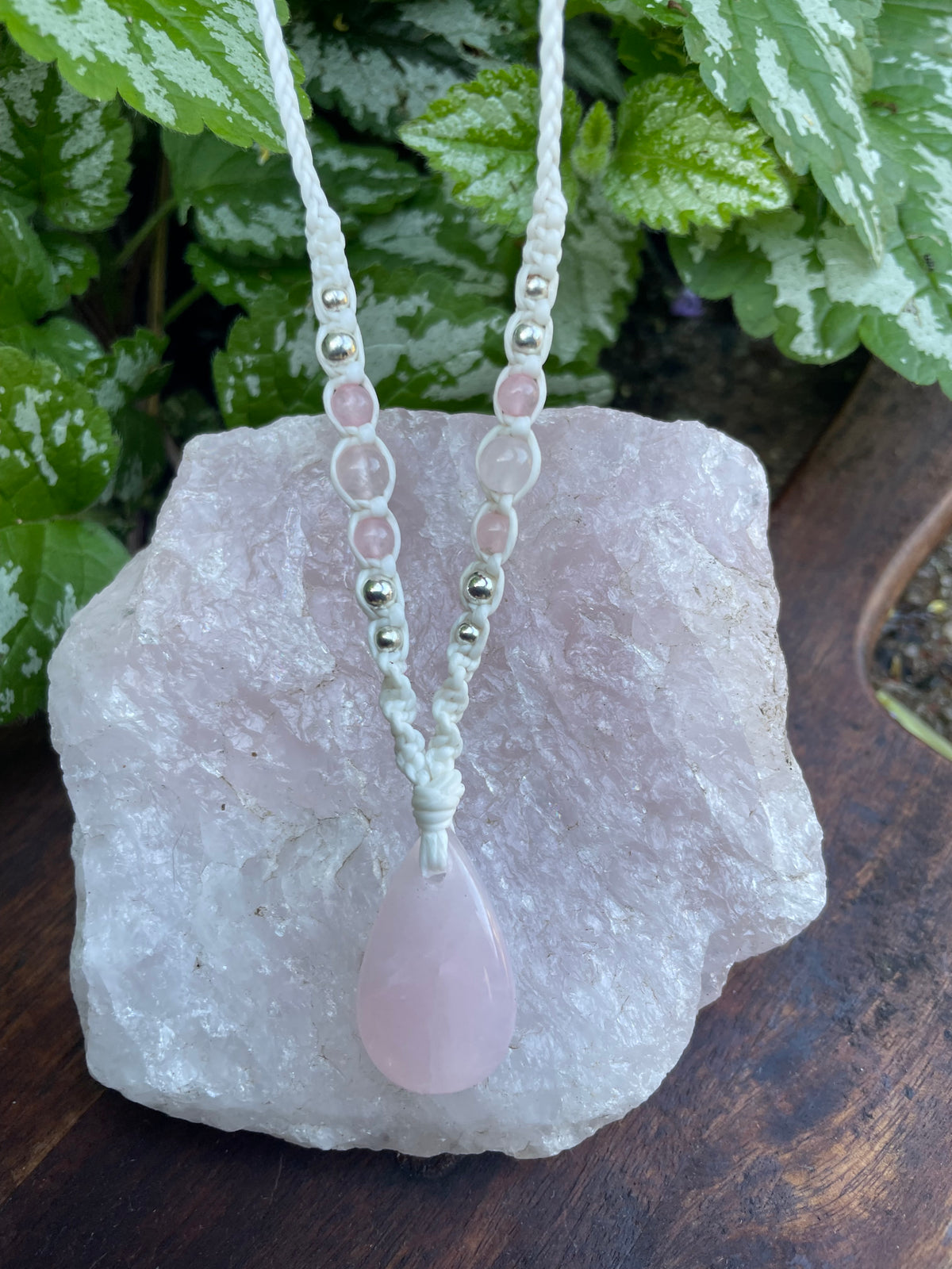 Rose Quartz Pendant, Tear drop, macrame Necklace, adjustable