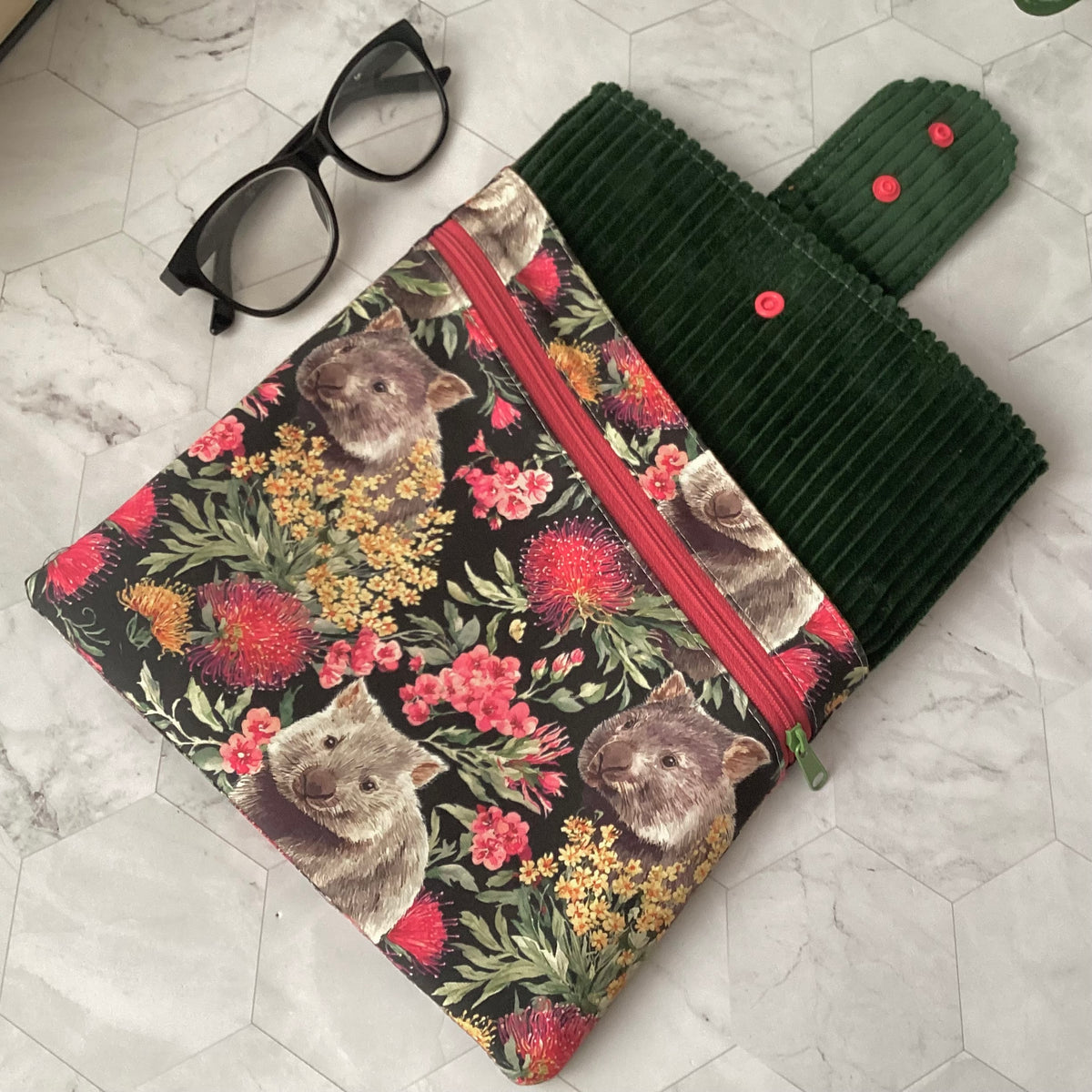 Australian wombats book sleeve with 2 pockets. iPad, tablet pouch