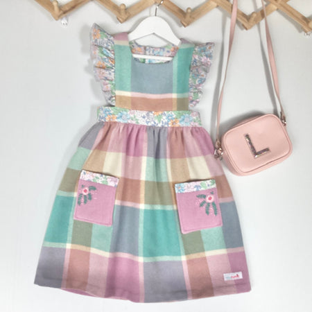Girl's Upcycled Blanket Pinafore with Sleeve Ruffles and Hand Embroidery